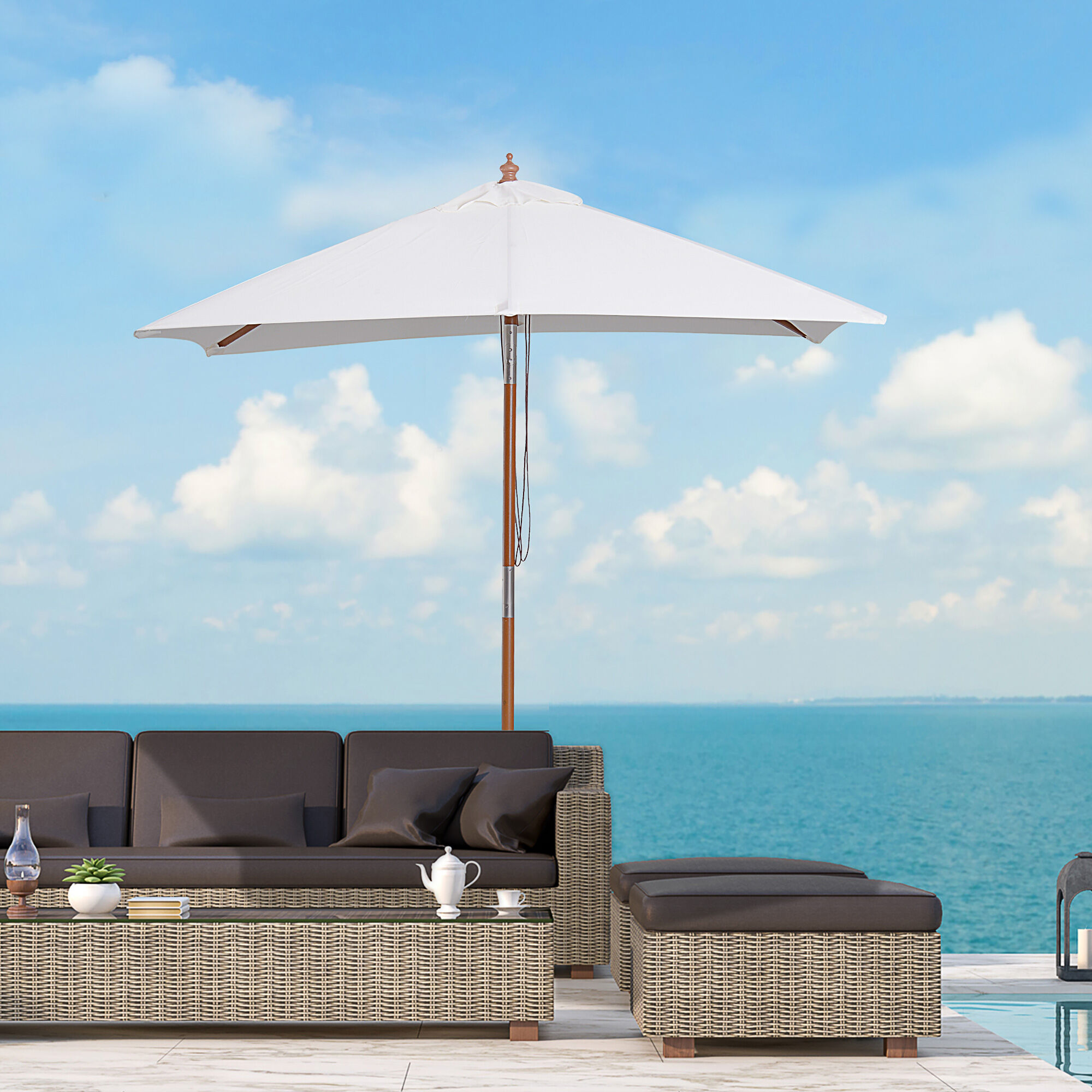 Outsunny Sombrilla de Jard&iacute;n 200x150x235 cm Parasol de Terraza Rectangular Inclinable con Anti-UV Impermeable y Poste de Madera para Playa Patio Crema, , large Imagen numero 2