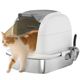 PawHut Arenero para Gatos de Acero Inoxidable XL, Caja de Arena para Gatos, Arenero con Tapa Abatible, Laterales Altos, Entrada Superior, Pala, sin Olores, Fácil de Limpiar, Antifugas, Blanco