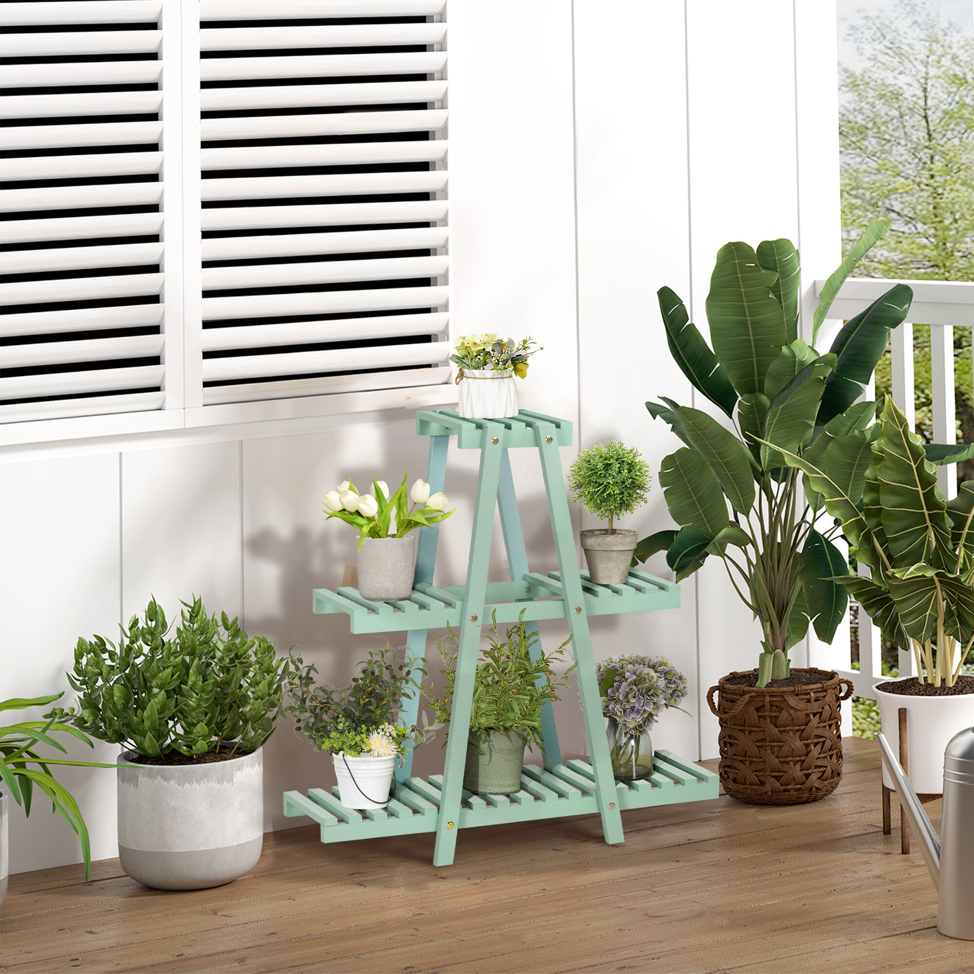 Outsunny Soporte De Madera Para Plantas Para Interiores Exteriores Verde thumbnail
