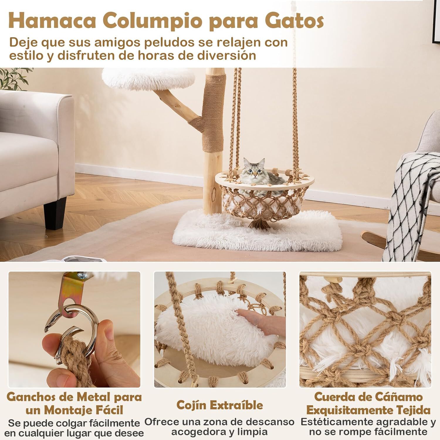 COSTWAY &Aacute;rbol para Gatos con Hamaca Colgante, Torre Multinivel con Postes de Madera de Pera y Rascadores de Yute, 2 Plataformas, Ideal para Gatos, Natural + Blanco, 70 x 50 x 123 cm, , large Imagen numero 2