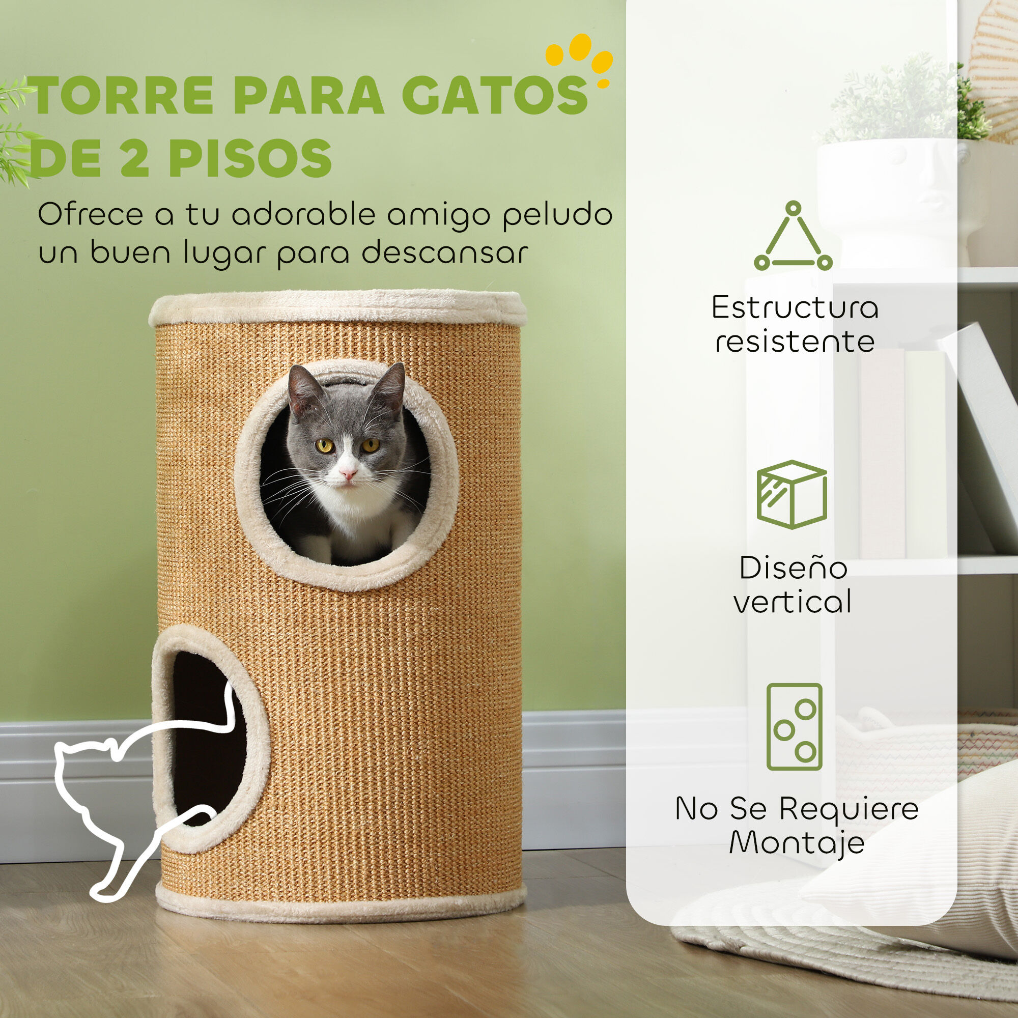 PawHut Barril Rascador para Gatos 60 cm de Altura, Tonel de Escalada con 2 Cuevas y Cubierta de Sisal, Torre Rascador para Gatos, &Oslash;35x60 cm, Marr&oacute;n y Beige, , large Imagen numero 4