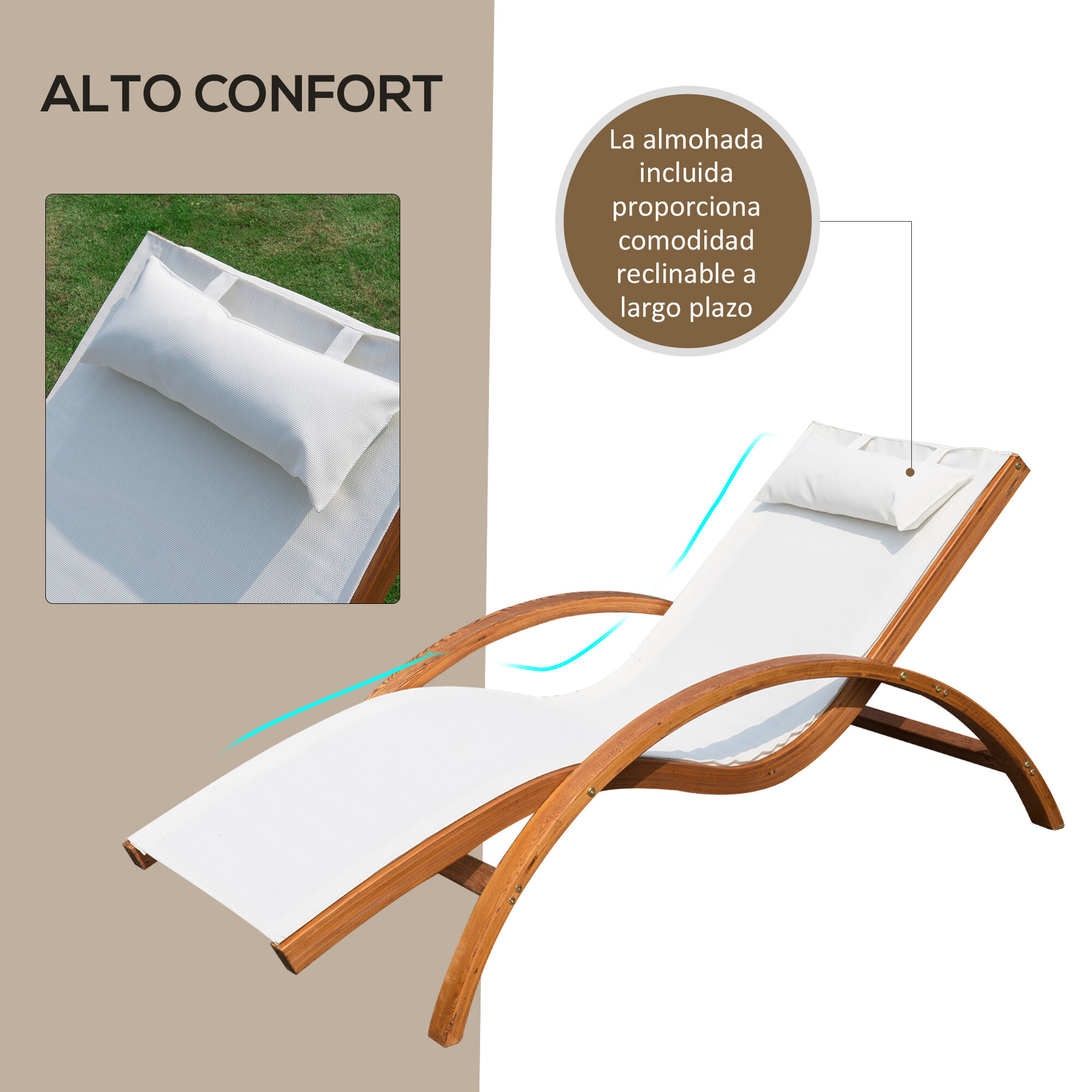 Outsunny Tumbona tipo Hamaca para Jard&iacute;n Terraza Playa Piscina o Patio 161x72x68 cm Color Blanco hecha de Madera Malla y Texteline con Almohadilla, , large Imagen numero 4