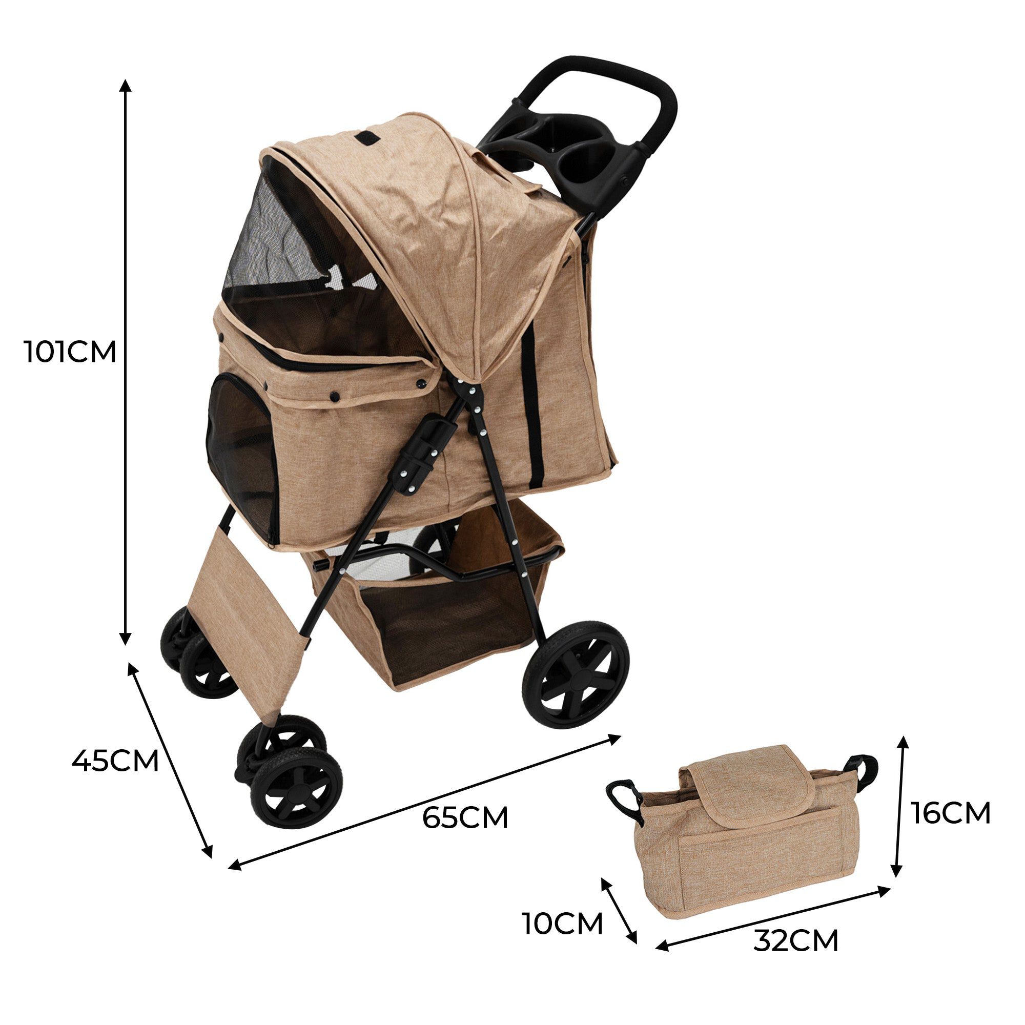 Cochecito Beige Plegable para Mascotas con Cubierta lluvia  y Bolsa de Almacenamiento, , large Imagen numero 5