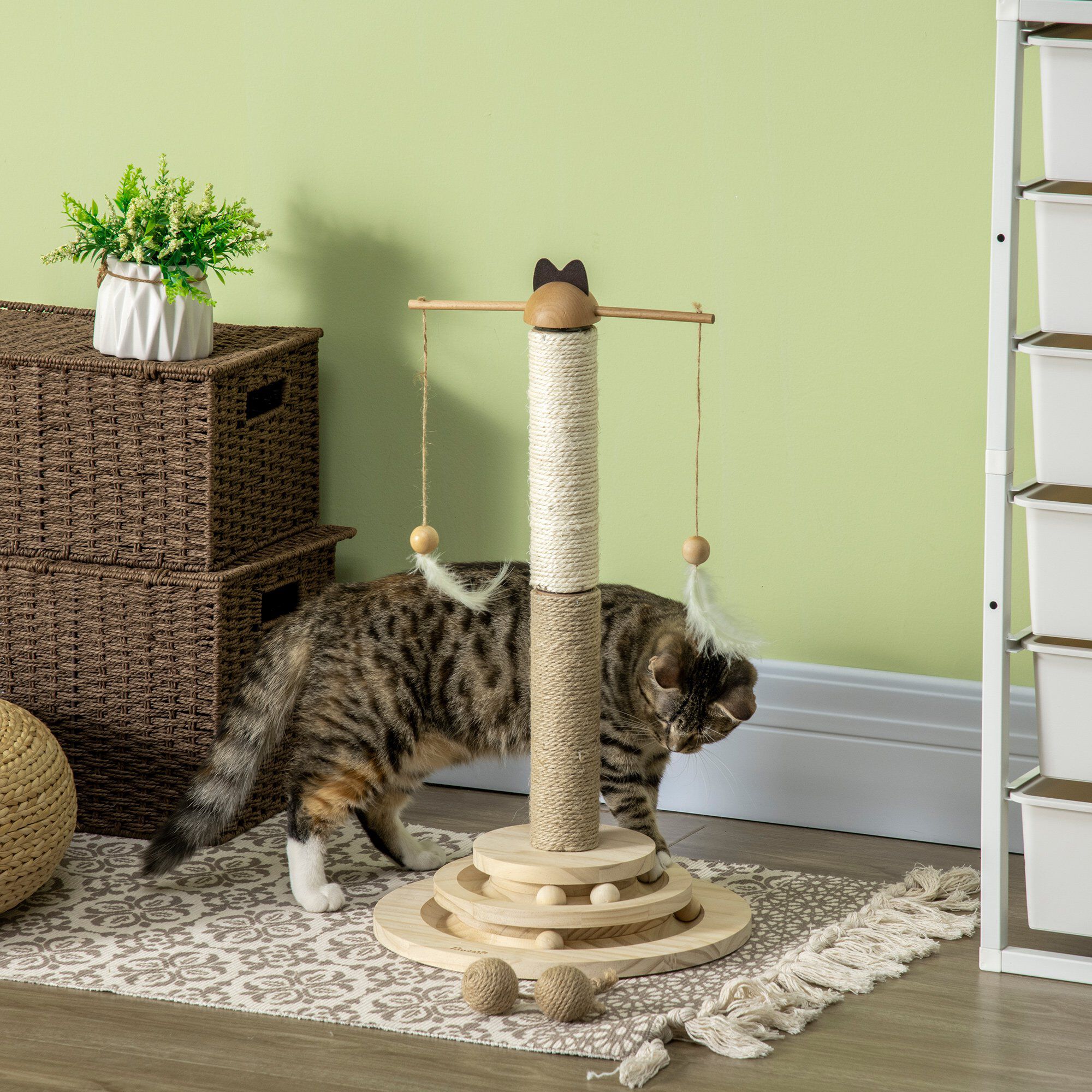 PawHut &Aacute;rbol Rascador para Gatos de Madera Altura 56 cm Torre para Gatos Centro de Actividades para Gatitos con Poste de Yute y Sisal Bolas para Jugar &Oslash;32x56 cm Natural, , large Imagen numero 2