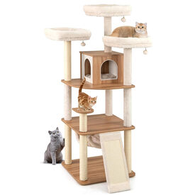 COSTWAY Rascador para Gatos de 168 cm, Árbol para Gatos con 3 Perchas Acolchadas, Postes Rascadores de Sisal, Bolas, Cojines Lavables, Mueble Multinivel para Gatos de Interior