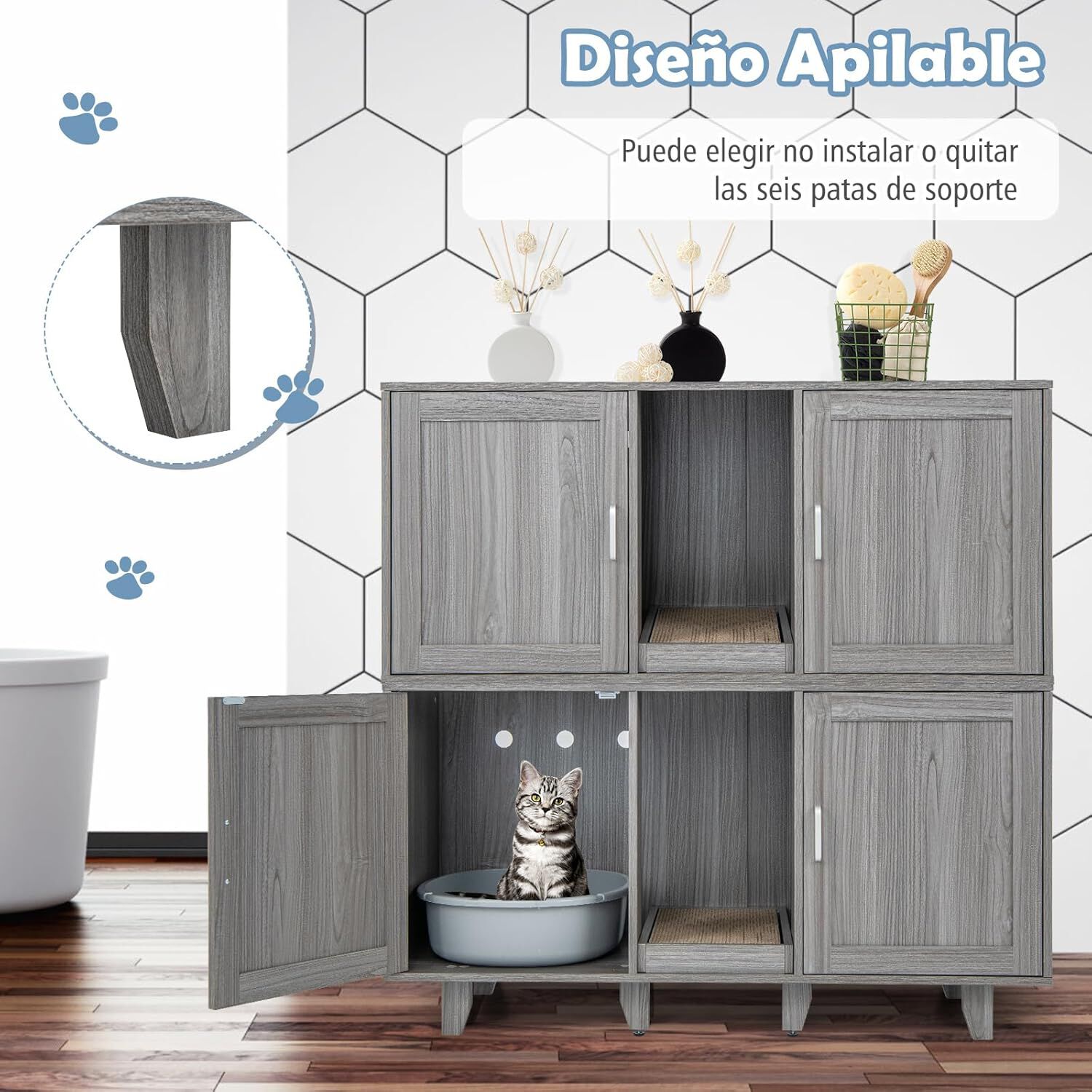 COSTWAY Cajas de Arena para Gatos, Casa de Ba&ntilde;o Oculto para Mascota con 2 Puertas, Arenero Cubierto con Entrada Sinuosa y Tablero Rascador, Mesa Auxiliar para Gatos 120 x 52 x 65 cm (Gris Oscuro), , large Imagen numero 4