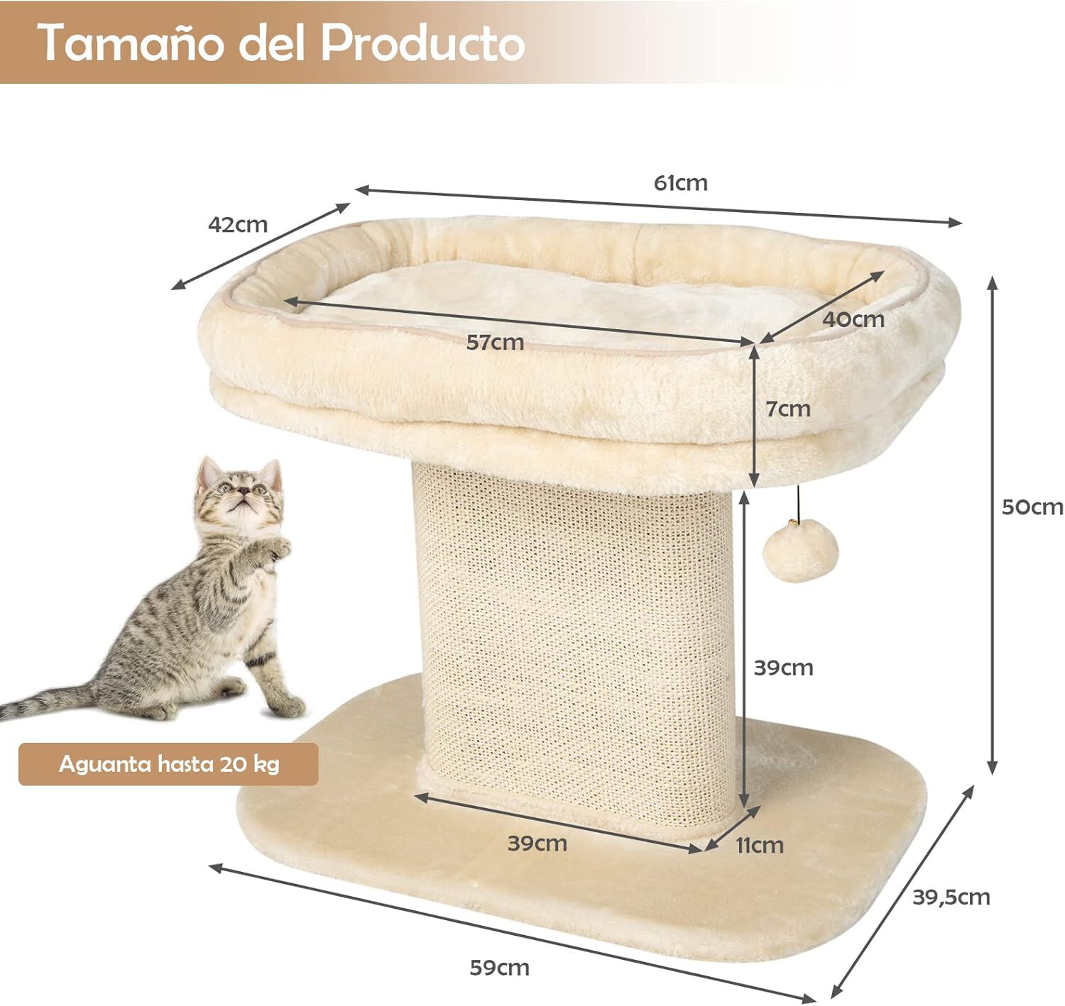 COSTWAY &Aacute;rbol Rascador para Gatos Peque&ntilde;o, Altura 50 cm, Torre de Actividades para Gatos con Soporte de Peluche y Poste Rascador de Sisal, Bola, Muebles para Gatos para Jugar y Descansar (Beige), , large Imagen numero 5