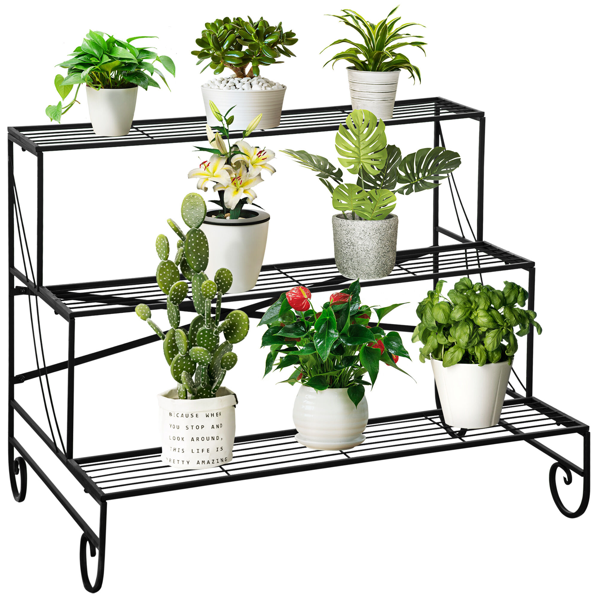 Outsunny Estanter&iacute;a para Plantas de Metal de 3 Niveles Soporte de Flores en Forma Escalera Macetas Multifuncional para Decoraci&oacute;n Interiores y Exteriores 95x63x72 cm Negro, , large Imagen numero 1