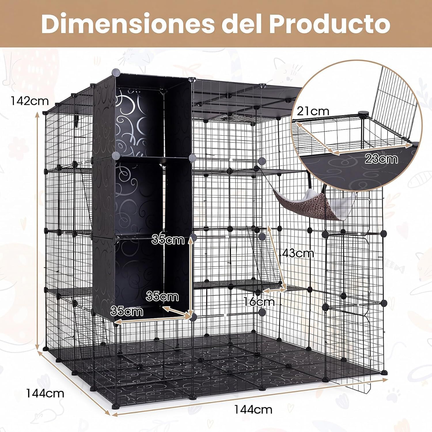 COSTWAY Jaula Met&aacute;lica para Gatos de 4 Niveles, 144 x 144 x 142 cm, , large Imagen numero 5