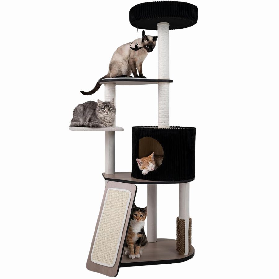 COSTWAY 155 cm &Aacute;rbol Rascador para Gatos con Postes Rascadores y Rampa | Torre de Juegos Multinivel con Casita, Percha Mullida, Plataformas y Juguete Colgante, Centro de Actividades para Gatitos, , large Imagen numero 1