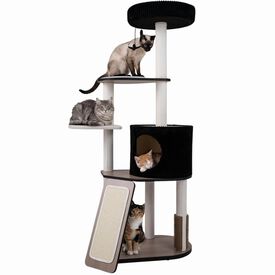 COSTWAY 155 cm &Aacute;rbol Rascador para Gatos con Postes Rascadores y Rampa | Torre de Juegos Multinivel con Casita, Percha Mullida, Plataformas y Juguete Colgante, Centro de Actividades para Gatitos