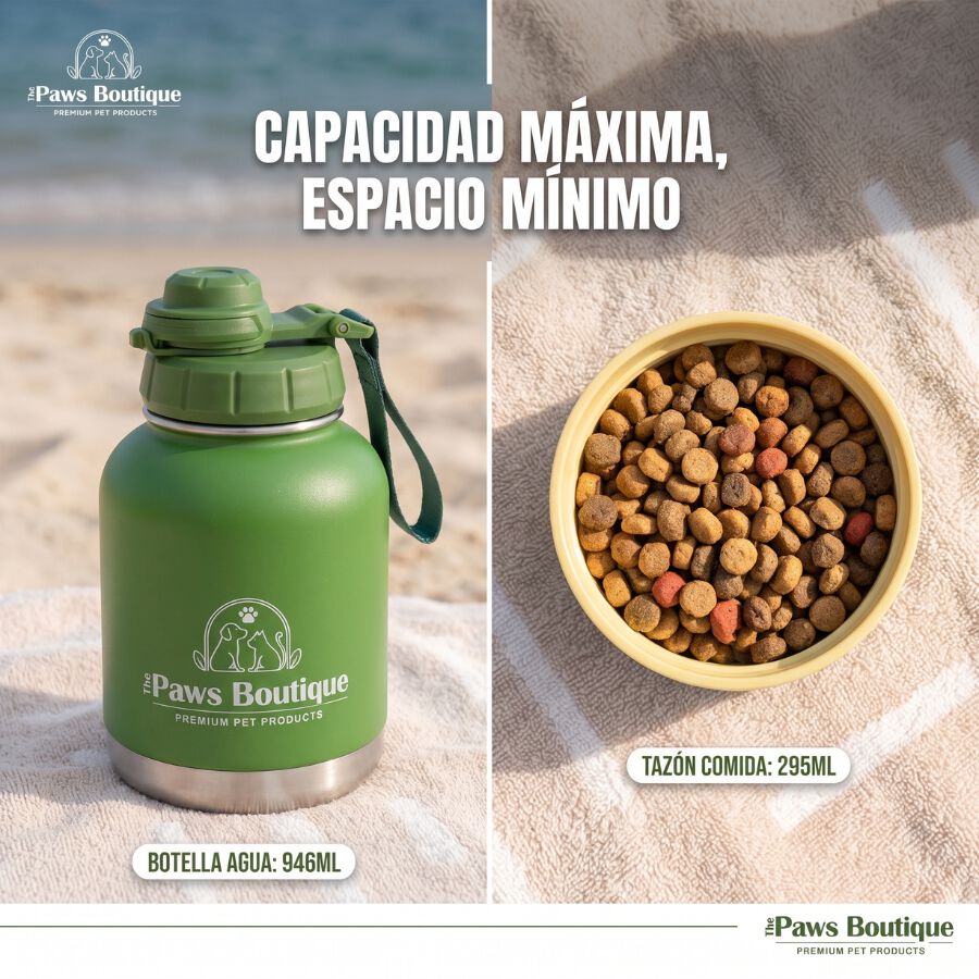 Botella de Agua para Perros 3 en 1: Bebedero Port&aacute;til de Acero Inoxidable 950ml, Compartimento para Comida y Cuenco Extra Desmontable &ndash; Antifugas, Libre de BPA &ndash; Ideal para Viajes y Paseos, , large Imagen numero 2