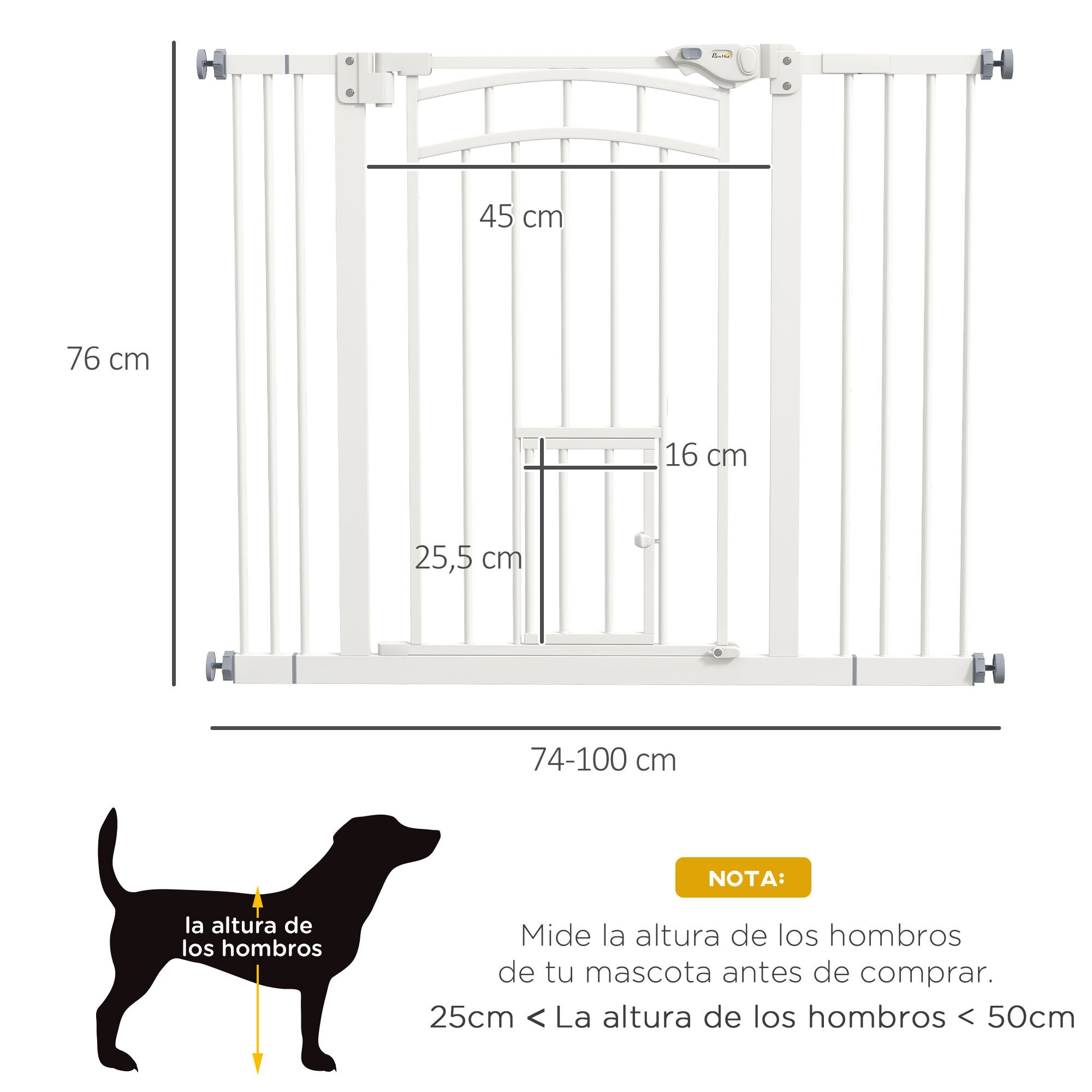 PawHut Barrera de Seguridad para Perros Extensible 74-100 cm, para Puertas y Escaleras, Puerta de Seguridad para Mascotas, con Montaje a Presión y Doble Bloqueo, Blanco thumbnail