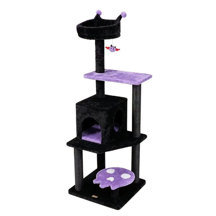 COSTWAY 144 cm &Aacute;rbol Rascador para Gatos G&oacute;tico de Interior, Morado Torre para Gatos Multinivel con Postes Rascadores, Plataformas, Casita y Juguete Colgante, Centro de Actividad para Mascotas, , large Imagen numero 1