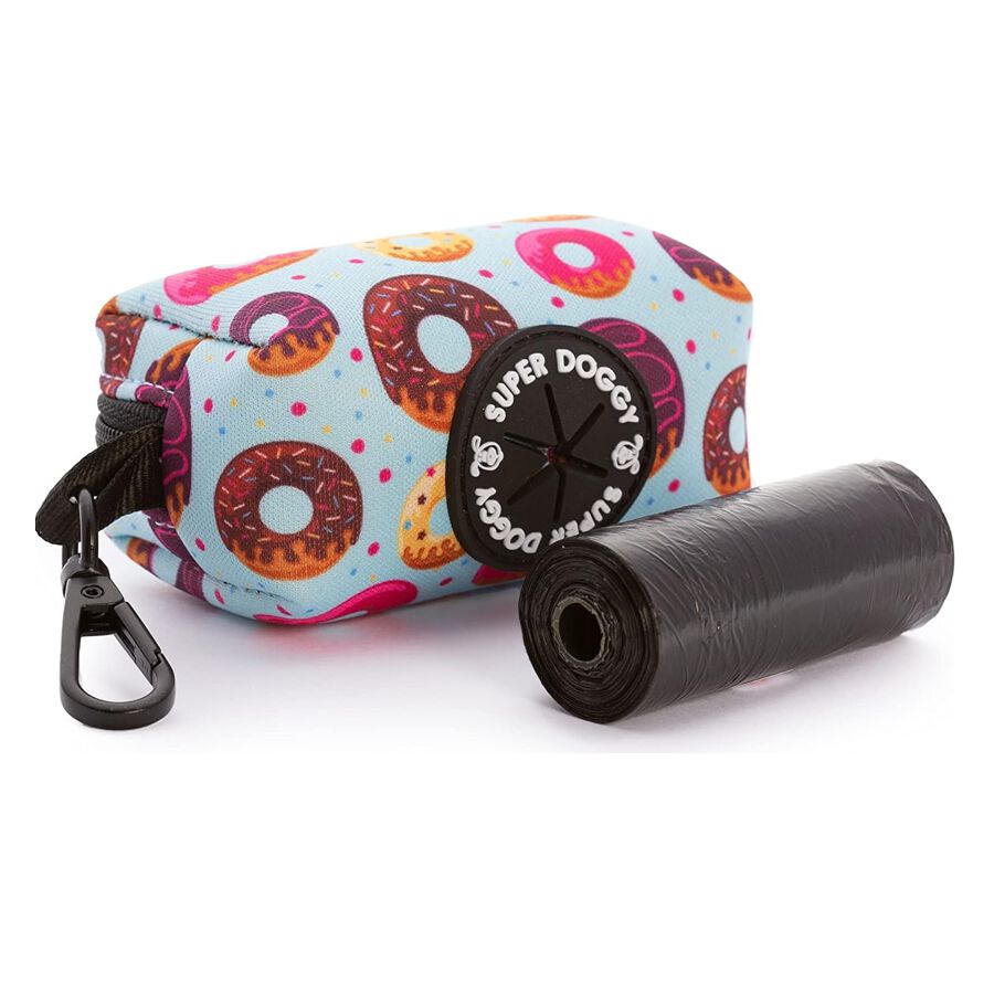 Dispensador de Bolsas Caca Perro Super Doggy&reg; - Porta Bolsas de Excrementos con Mosqueton - Bolso Accesorios para Mascotas - Incluye un Rollo de Bolsas (Donuts), , large Imagen numero 1