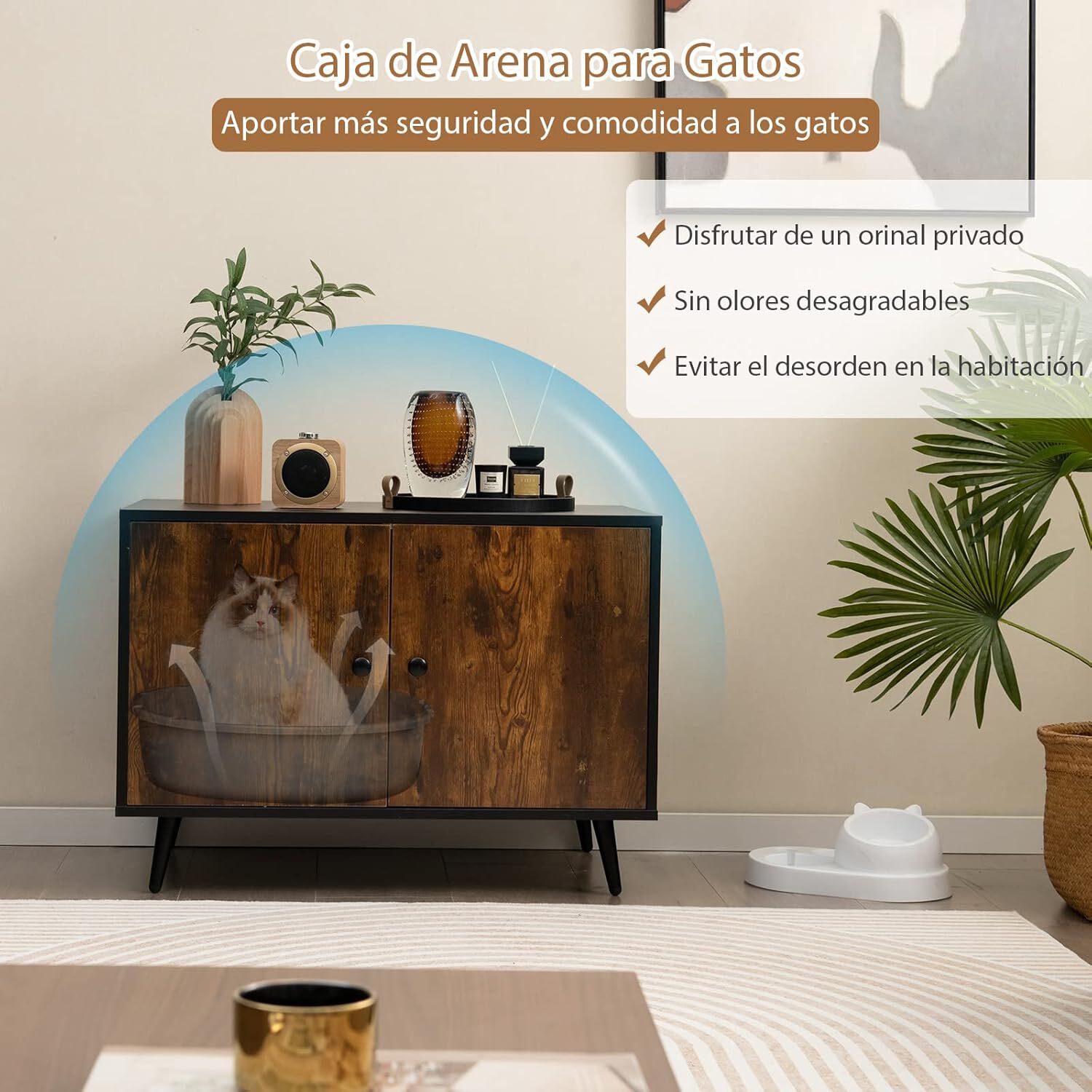 COSTWAY Mueble Moderno para Caja de Arena para Gatos, Escondite para Ba&ntilde;o de Gato con Entrada, Compartimento Abierto, Gabinete de Madera para Muebles de Gato, para Interiores (60 x 45 x 75 cm), , large Imagen numero 2