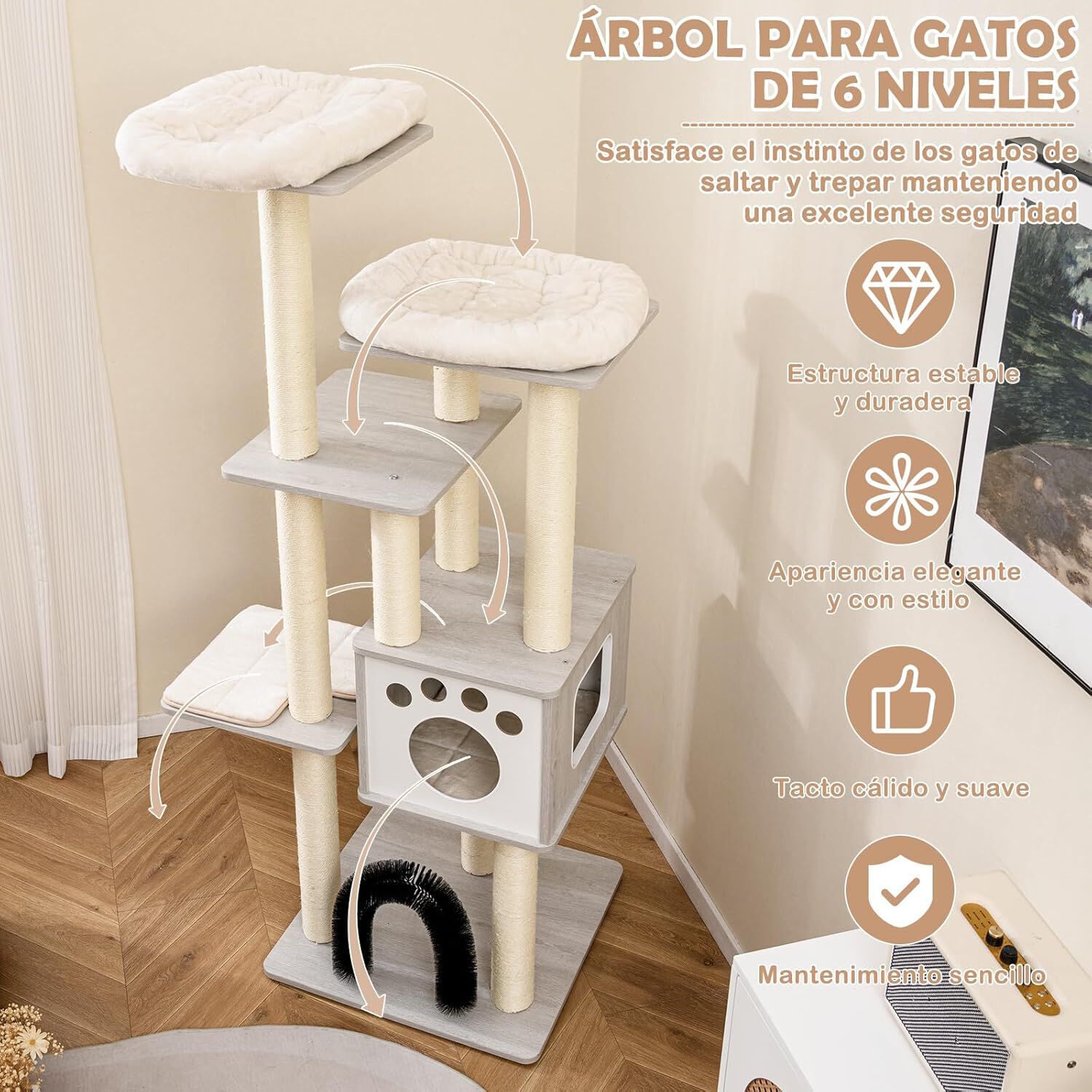 COSTWAY Árbol para Gatos de Interior Moderno, Árbol para Gatos de 6 Niveles con 2 Perchas, Arco para Gatos Que los Cepilla Automáticamente, Torre de Madera para Gatos, Alfombrillas Lavables (Gris) thumbnail