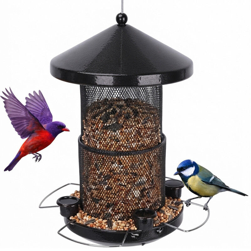 Nobleza Comedero Pajaros Exterior Metal, Alimentador Colgante Aves Silvestres con 4 Puertos y Copas de Agua, Estructura Retr&aacute;ctil Anti-Ardillas para Jard&iacute;n, 1.44 L, Negro, , large Imagen numero 1