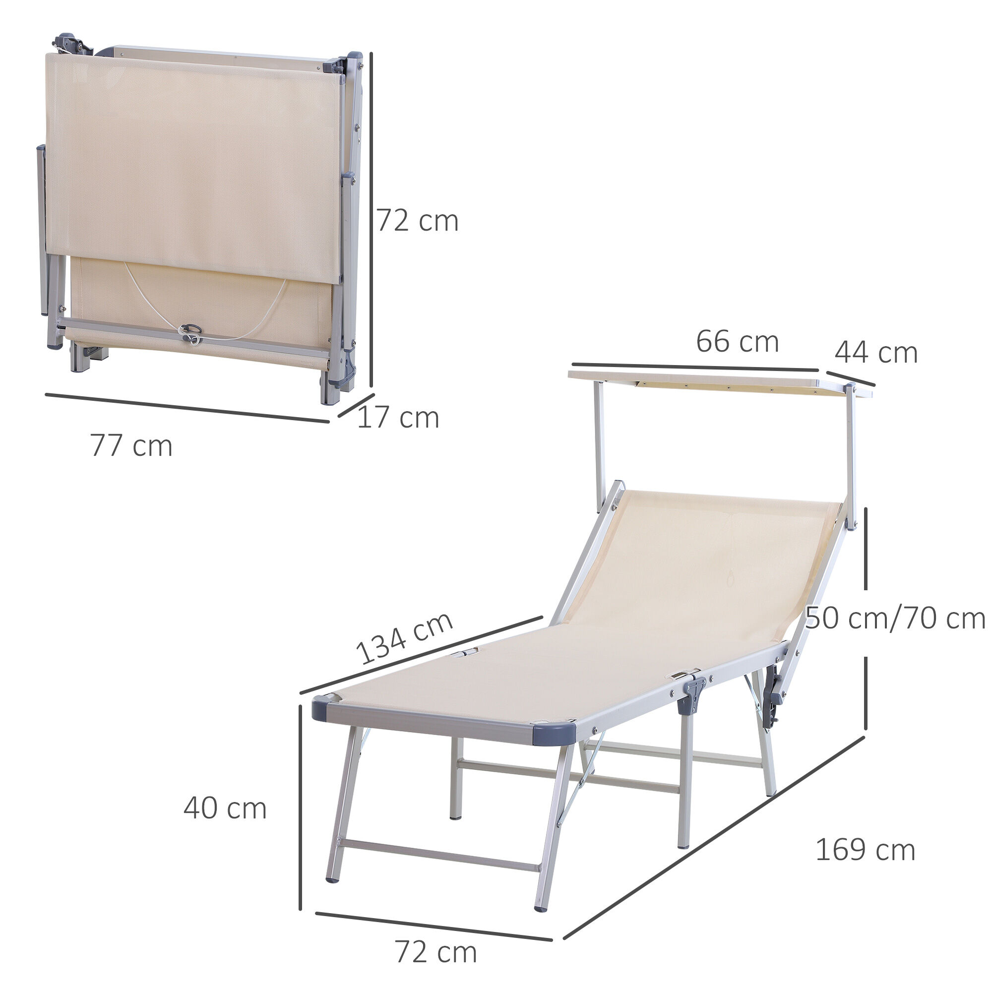 Outsunny Tumbona Plegable y Reclinable de Aluminio con Toldo Incorporado para Piscina Jard&iacute;n Terraza Exterior Carga 120 kg 169x72x50/70 cm Beige, , large Imagen numero 3