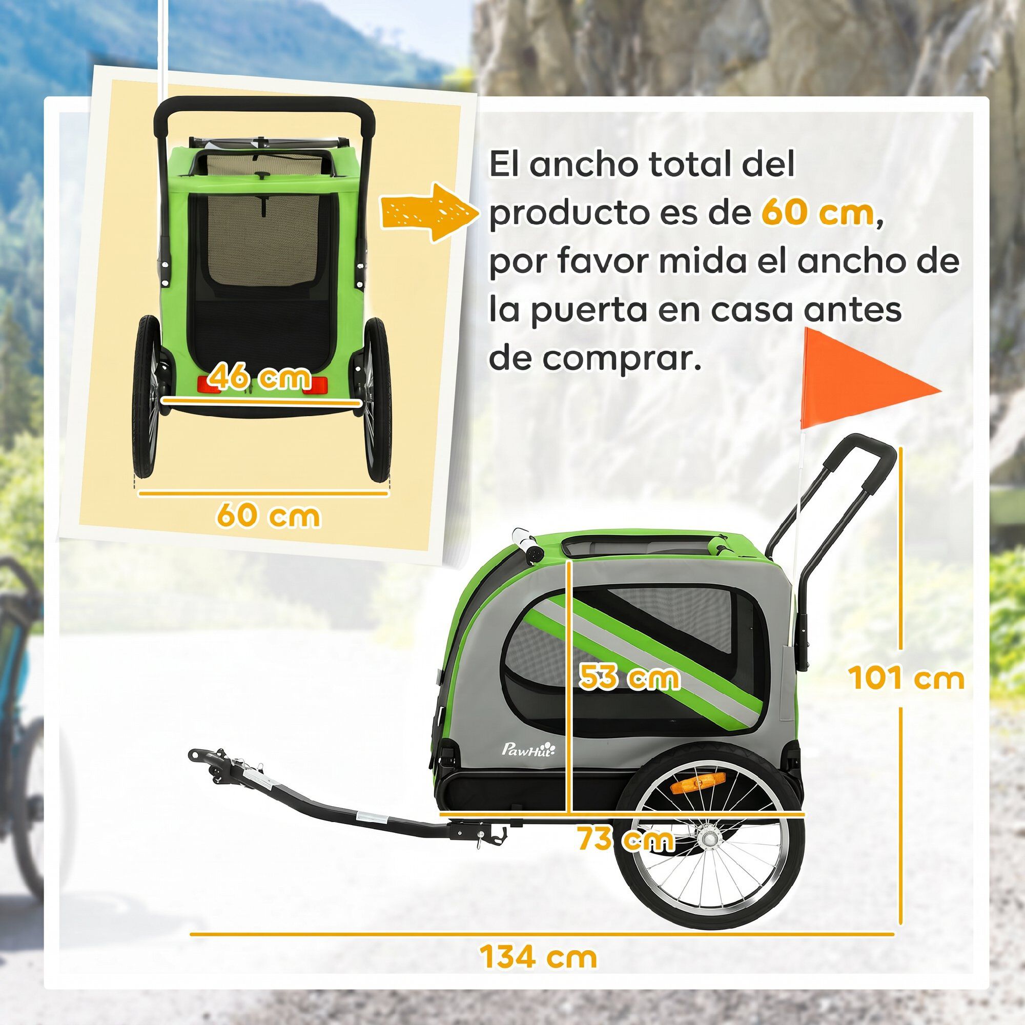 PawHut Remolque de Bicicleta Perro Verde, , large Imagen numero 3