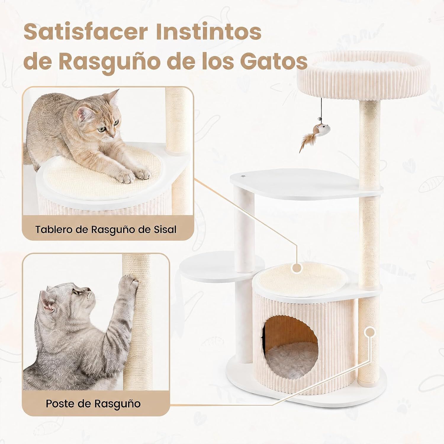COSTWAY 105 cm &Aacute;rbol Rascador para Gatos con Postes Rascadores de Sisal | Torre de Juegos Multinivel con Casita, Percha Mullida y Juguete en Forma de Rat&oacute;n, Centro de Actividades para Varios Gatitos, , large Imagen numero 4