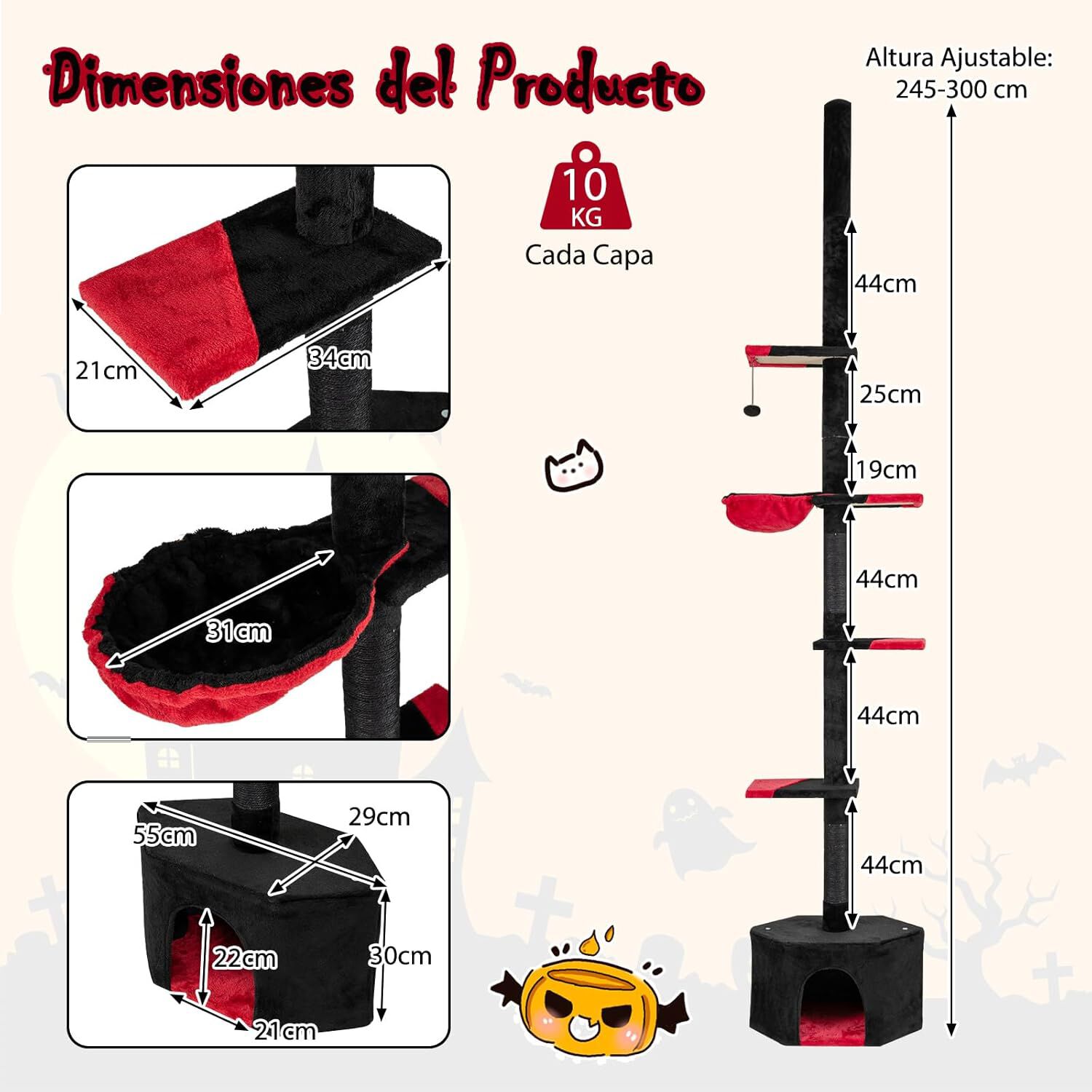 COSTWAY &Aacute;rbol Rascador para Gatos G&oacute;tico de Suelo a Techo, Ajustable de 245-300 cm, Torre Alta de 5 Niveles con Caseta, Hamaca, Postes Rascadores de Sisal, Bola Colgante, Casa de Juegos para Gatitos, , large Imagen numero 5