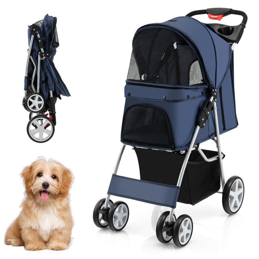 COSTWAY Cochecito Plegable para Mascotas de 4 Ruedas Azul para Gatos y Perros