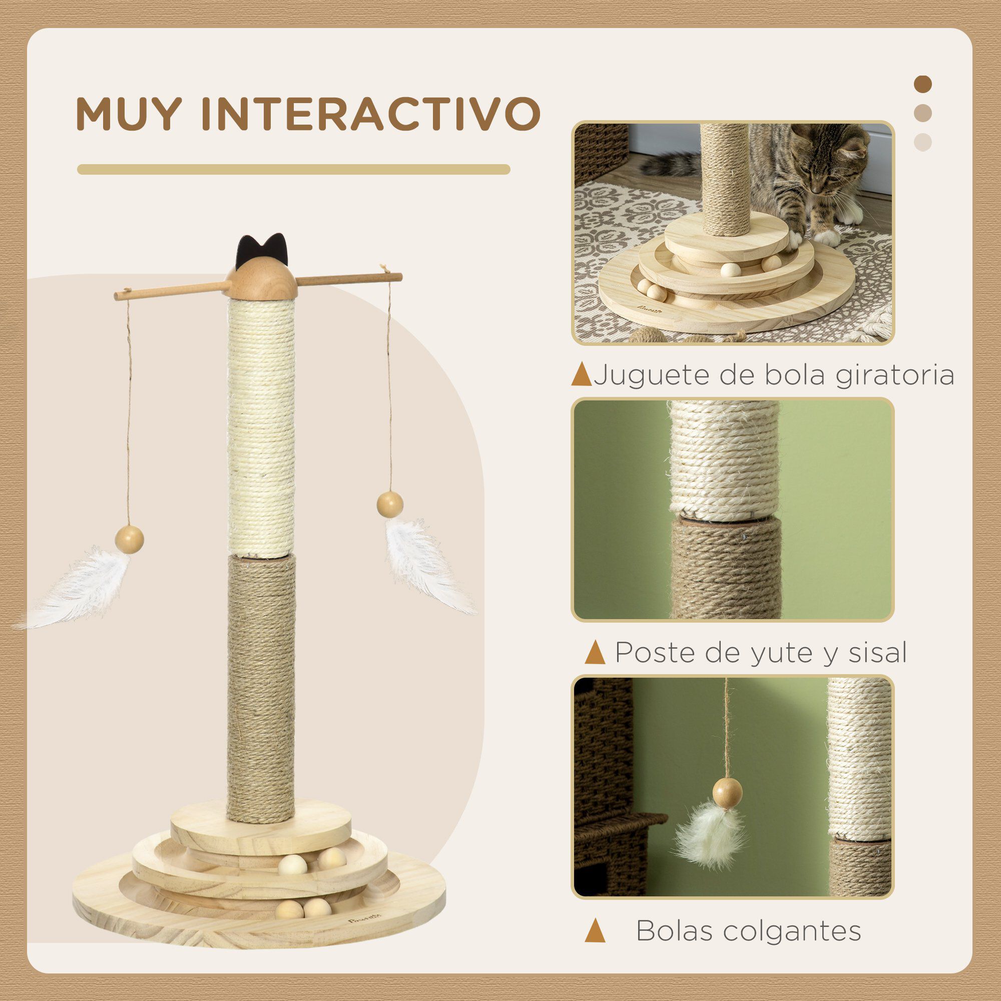 PawHut &Aacute;rbol Rascador para Gatos de Madera Altura 56 cm Torre para Gatos Centro de Actividades para Gatitos con Poste de Yute y Sisal Bolas para Jugar &Oslash;32x56 cm Natural, , large Imagen numero 5