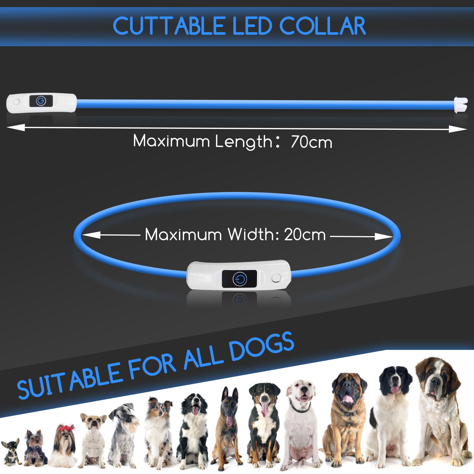 Nobleza - 2 &times; Collar Luminoso Perro de Seguridad Personalizado, 3 Modos Collar Luz Perro con USB Recargable, Ajustable Impermeable Collares LED para Perros Peque&ntilde;os/Medianos/Grandes(Azul), , large Imagen numero 2