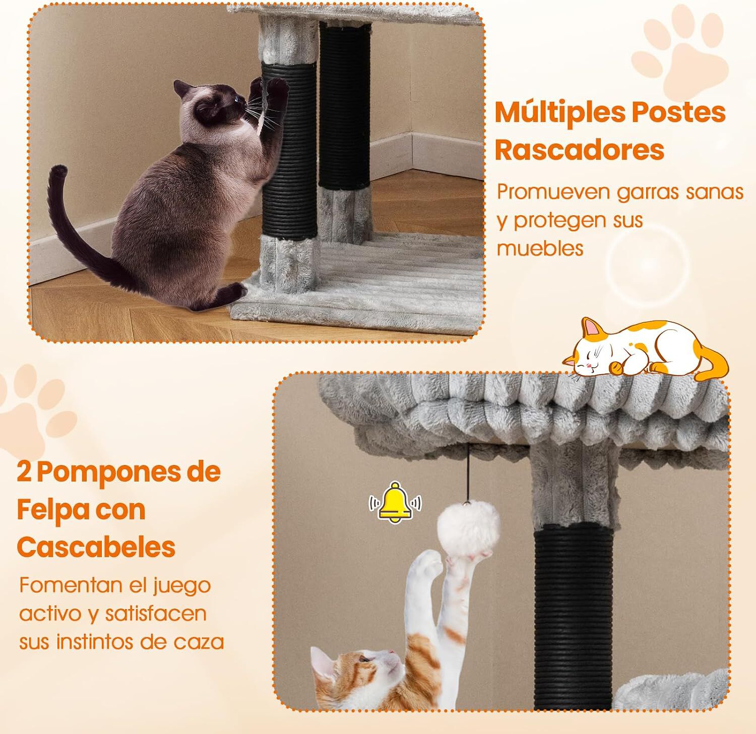 COSTWAY Gran &Aacute;rbol para Gatos de Varios Niveles, Torre Rascador Gatos de 156 cm con 2 Condos, 2 Camas Perchero, Postes para Rascar, Bolas Colgantes con Cascabeles, Revestimiento Suave de Franela, Gris, , large Imagen numero 4
