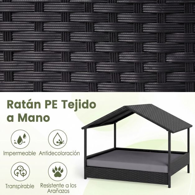 COSTWAY Caseta para Perros Exterior e Interior, Casa Perro de Rat&aacute;n Grande con Dosel, Base Elevada, Coj&iacute;n Removible, Estructura Met&aacute;lica, Cama Elevada para Mascotas, Carga 60 kg, 98x69x74cm, Gris, , large Imagen numero 4