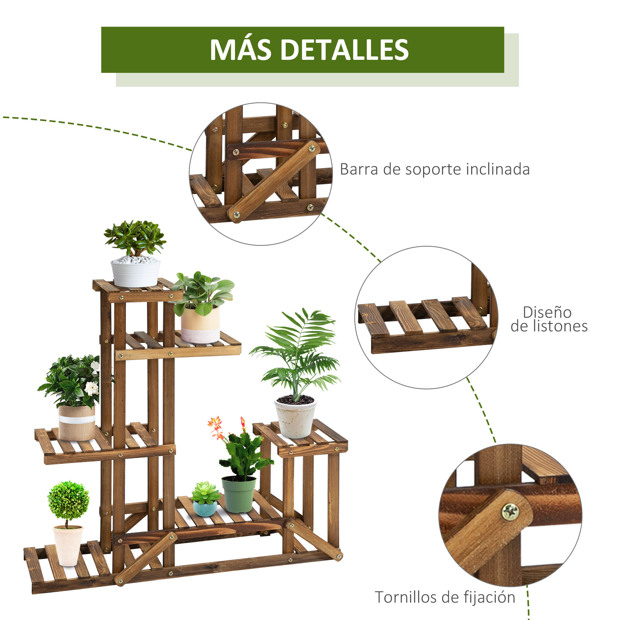 Outsunny Soporte de Madera para Flores Estanter&iacute;a Decorativa para Macetas Plantas con 6 Estantes Interior y Exterior para Jard&iacute;n Balc&oacute;n Terraza 95x28x96,5 cm Carbonizado, , large Imagen numero 5