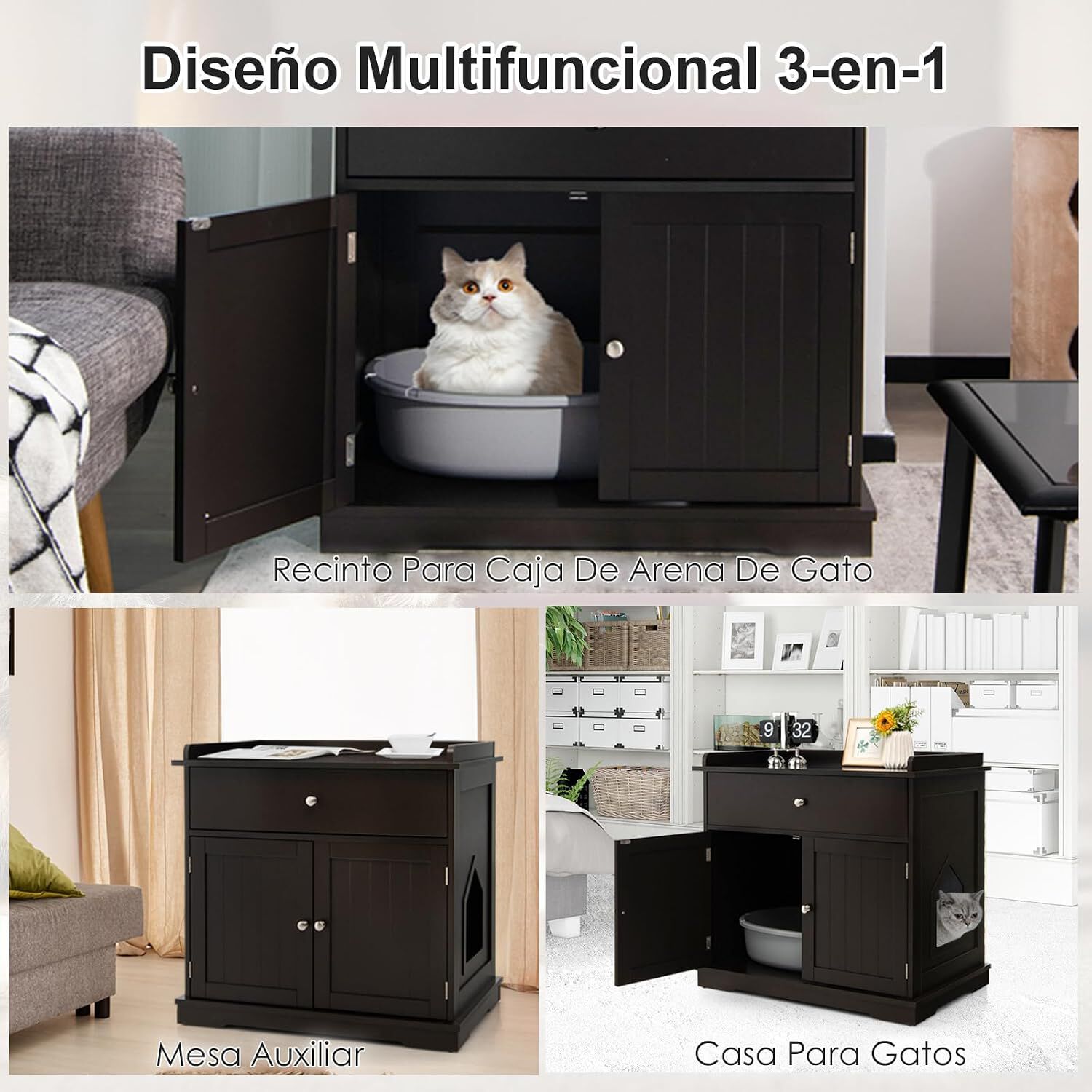 COSTWAY Mueble para Gatos, Caj&oacute;n y 2 Puertas, Casa para Gatos 76 x 53 x 74 cm (Caf&eacute;), , large Imagen numero 3