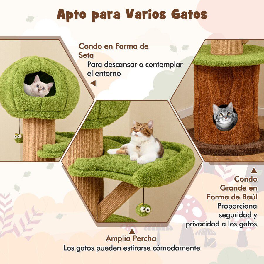 COSTWAY &Aacute;rbol para Gatos en Forma de Hongo para Interior, Torre de 148 CM con 2 Condos, Perchero de Cuero, Pelotas, Postes de Sisal, Cueva Oculta, Cojines Desmontables, Centro de Actividades para Gatitos, , large Imagen numero 2