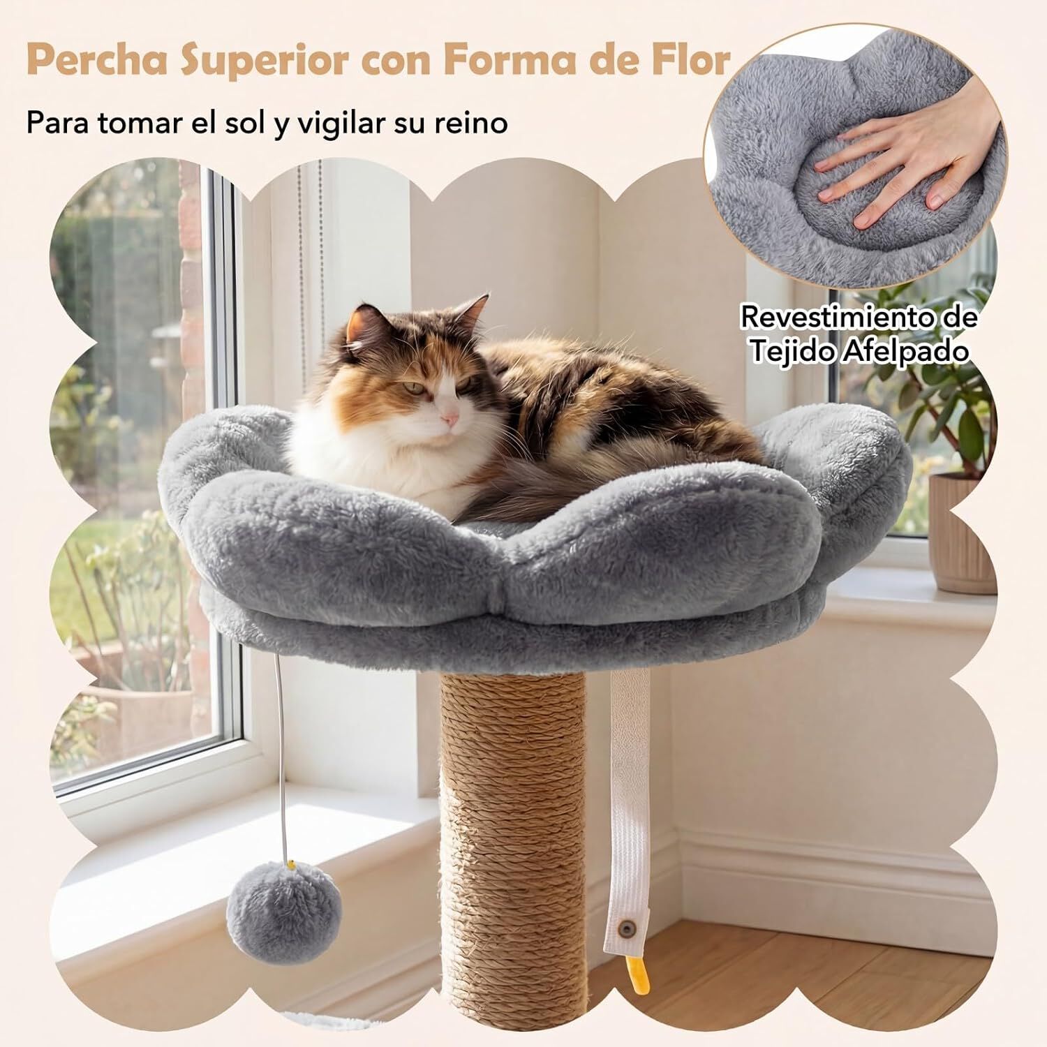 COSTWAY &Aacute;rbol Rascador para Gatos, Torre para Gatos con Percha Superior Acolchonada en Forma de Flor, Condominio y Cama, 2 Bolas Colgantes con Cascabel y Postes, Mueble Multinivel para Escalar (Gris), , large Imagen numero 4