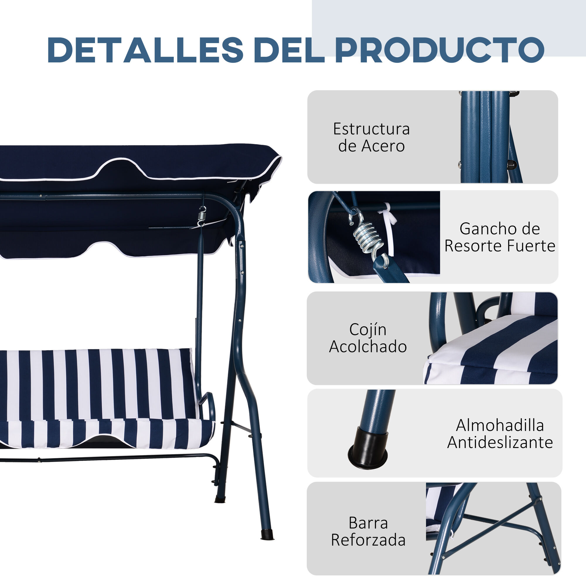 Outsunny Columpio Balanc&iacute;n de Jard&iacute;n Exterior 2-3 Plazas para Familias de Metal con Coj&iacute;n y Techo Ajustable para Balc&oacute;n Terraza Carga 200 kg 170x110x153 cm Raya Azul, , large Imagen numero 5