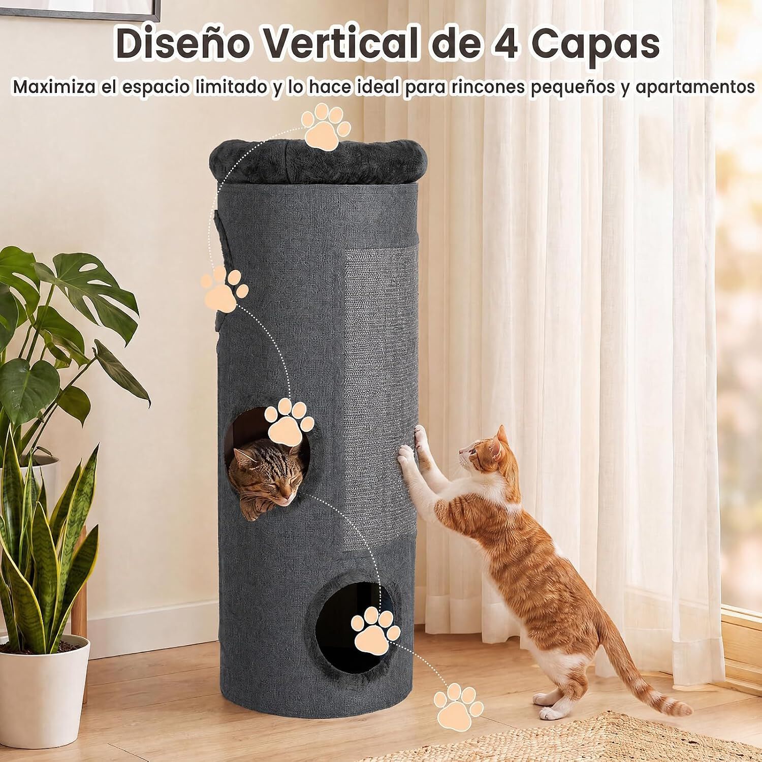 COSTWAY Barril Rascador de 4 Niveles, Poste rascador para Gatos con Cama de Percha Removible, Tablero Rascador de Sisal, Estera de Bamb&uacute; para Gato de Interior 43 x 43 x 113 cm, Gris Oscuro, , large Imagen numero 4