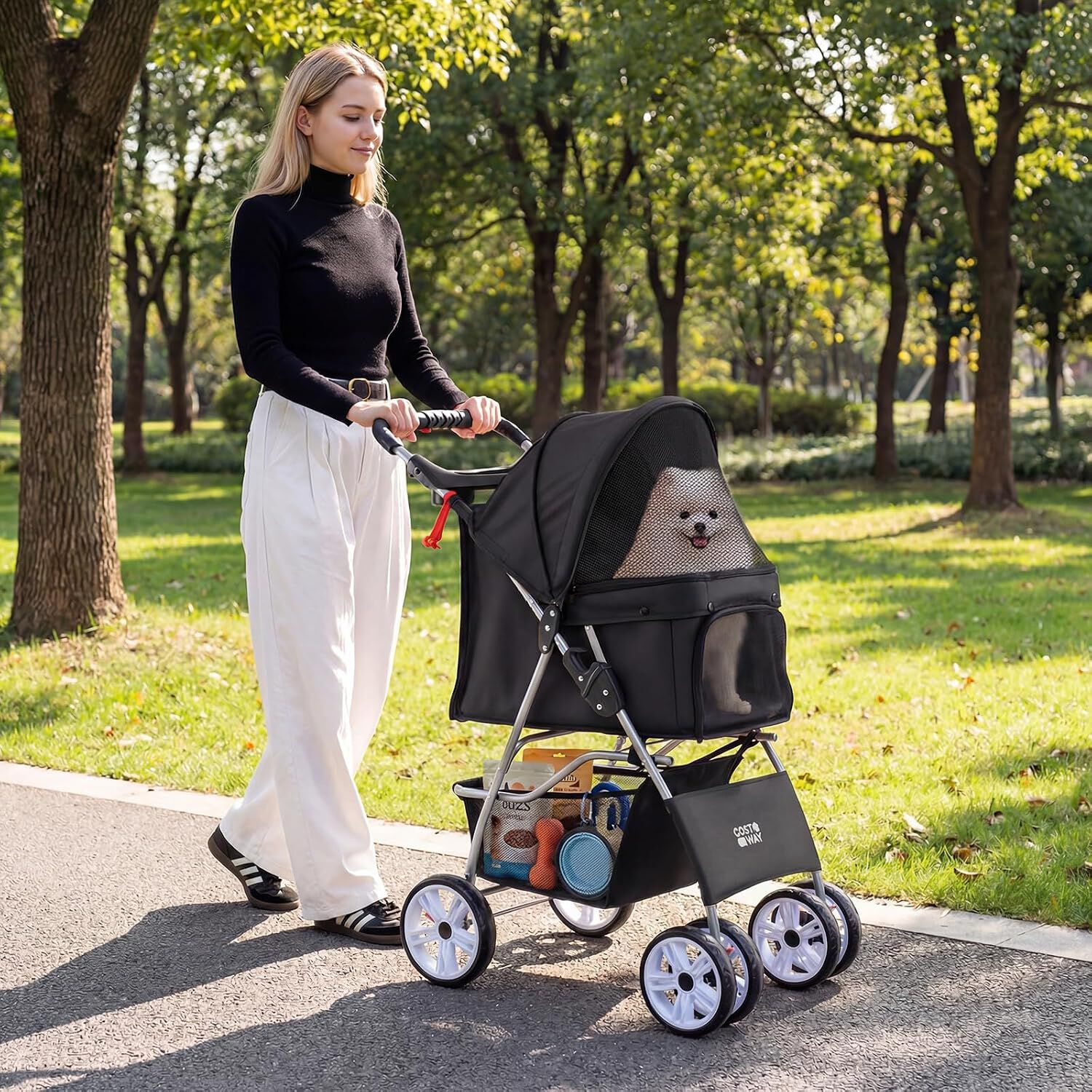 COSTWAY Cochecito para Mascotas, Carrito para Perros Plegable con Ruedas Grandes, Malla Transpirable, Cubierta Impermeable, Portavasos y Cesta, Carro para Perros Peque&ntilde;os y Gatos hasta 15 kg, Negro, , large Imagen numero 2