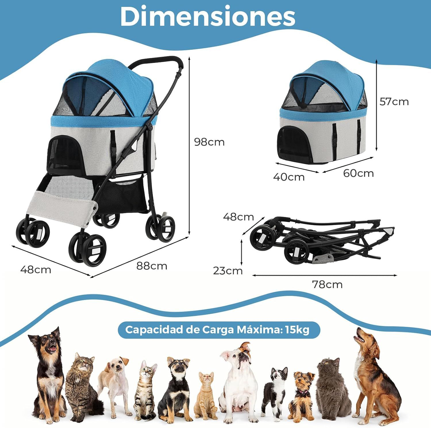 COSTWAY 3 en 1 Cochecito para Mascotas Plegable, Cochecito de Mascotas con Toldo Ajustable de 4 Niveles y Cesta de Almacenamiento, Carrito para Gatos con Porta Asiento de Coche Extra&iacute;ble (azul), , large Imagen numero 4