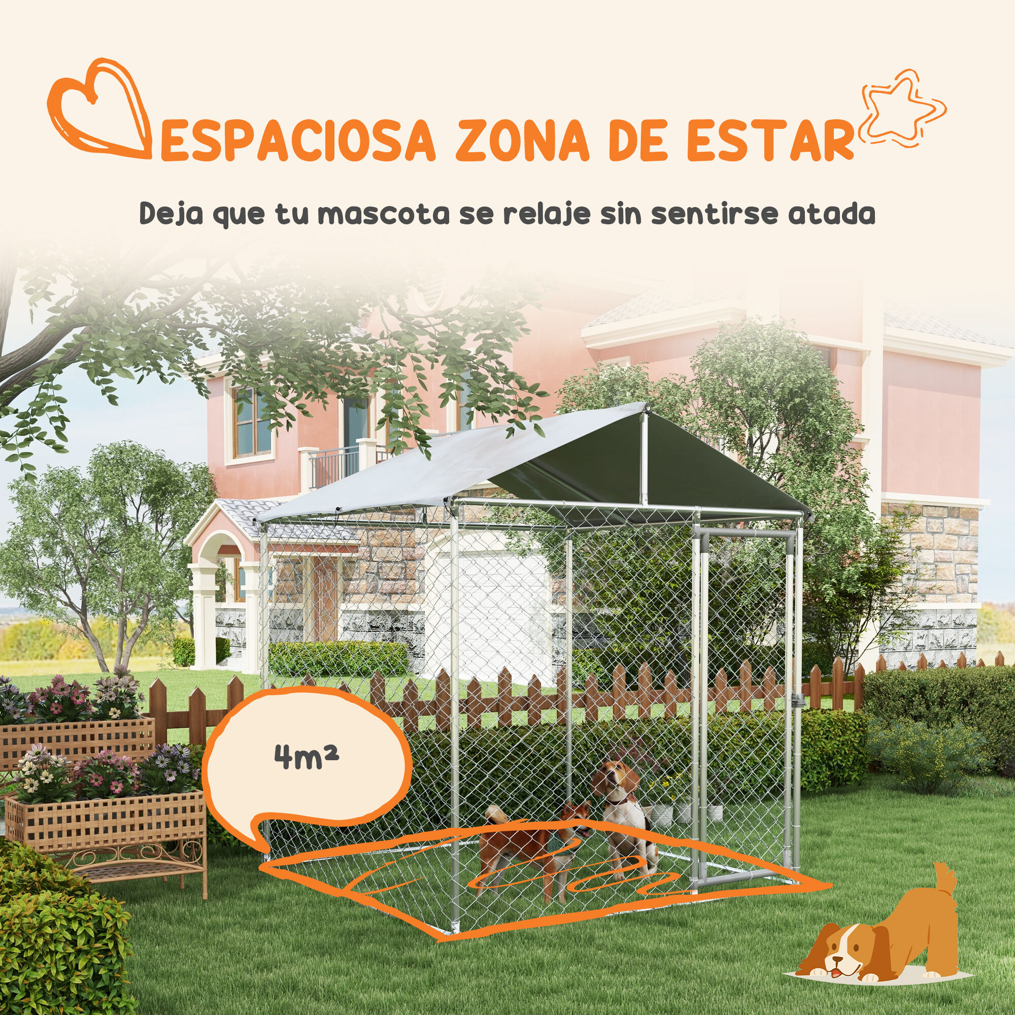 PawHut Perrera Jaula de Exterior para Perros Medianos Parque para Perros con Cerradura Marco de Acero Toldo Impermeable y Anti-UV 200x200x150 cm Plata, , large Imagen numero 5