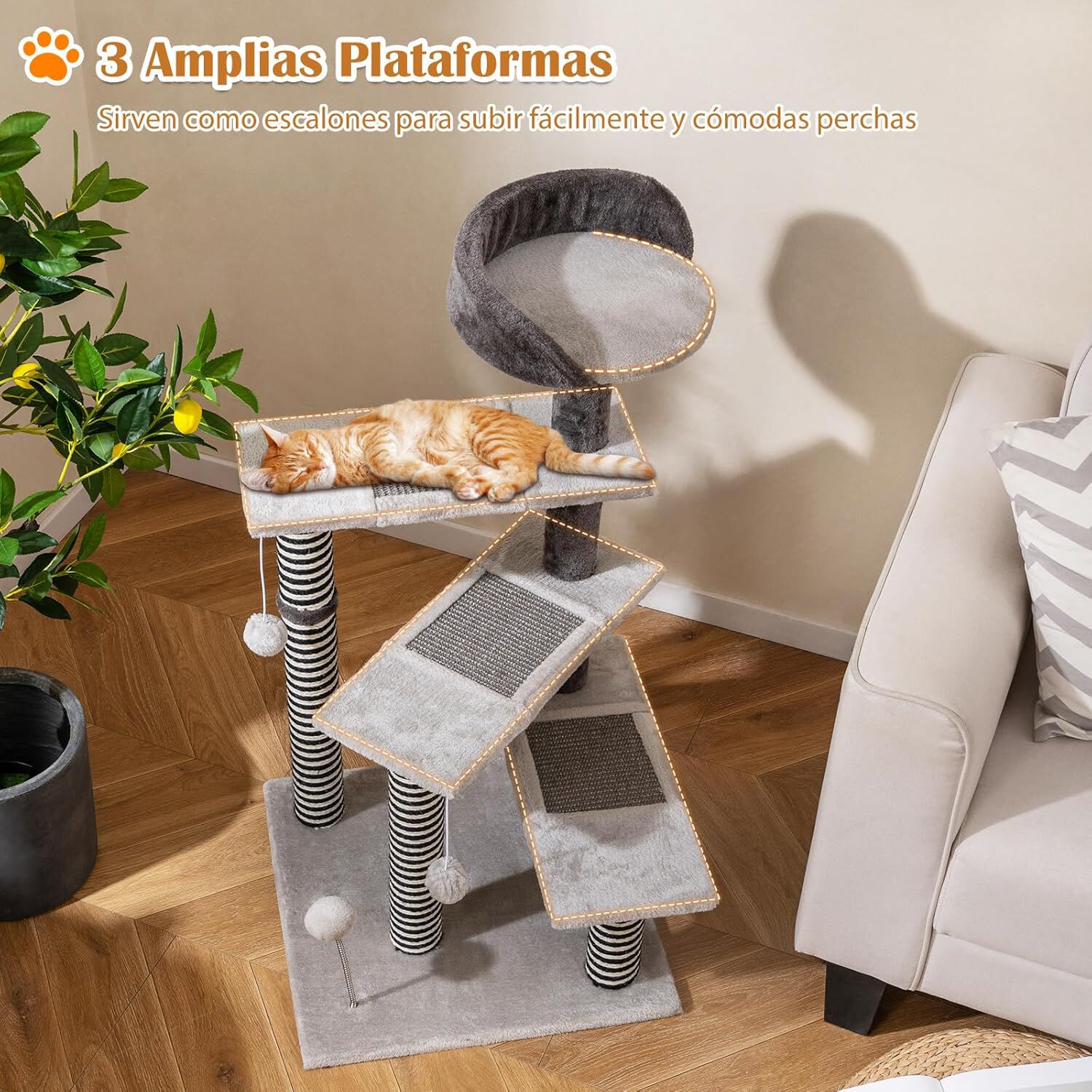 COSTWAY Rascador para Gatos, &Aacute;rbol Rascador para Gatos con 3 Plataformas para Ara&ntilde;ar, Alfombrillas, Repisa Acolchada, Pelotas Colgantes y con Resorte, 49 x 49 x 93 cm, Torre Gato para Escalar, Gris, , large Imagen numero 3