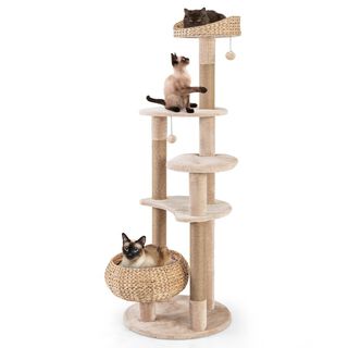 COSTWAY Árbol para Gatos, Torre de Totora de 164 CM con Postes de Rascado de Yute, Percha, Cama de Cesta, Bolas, Cojines Lavables, Centro de Actividades para Gatos de 6 Capas, Mueble de Escalada para Gatos