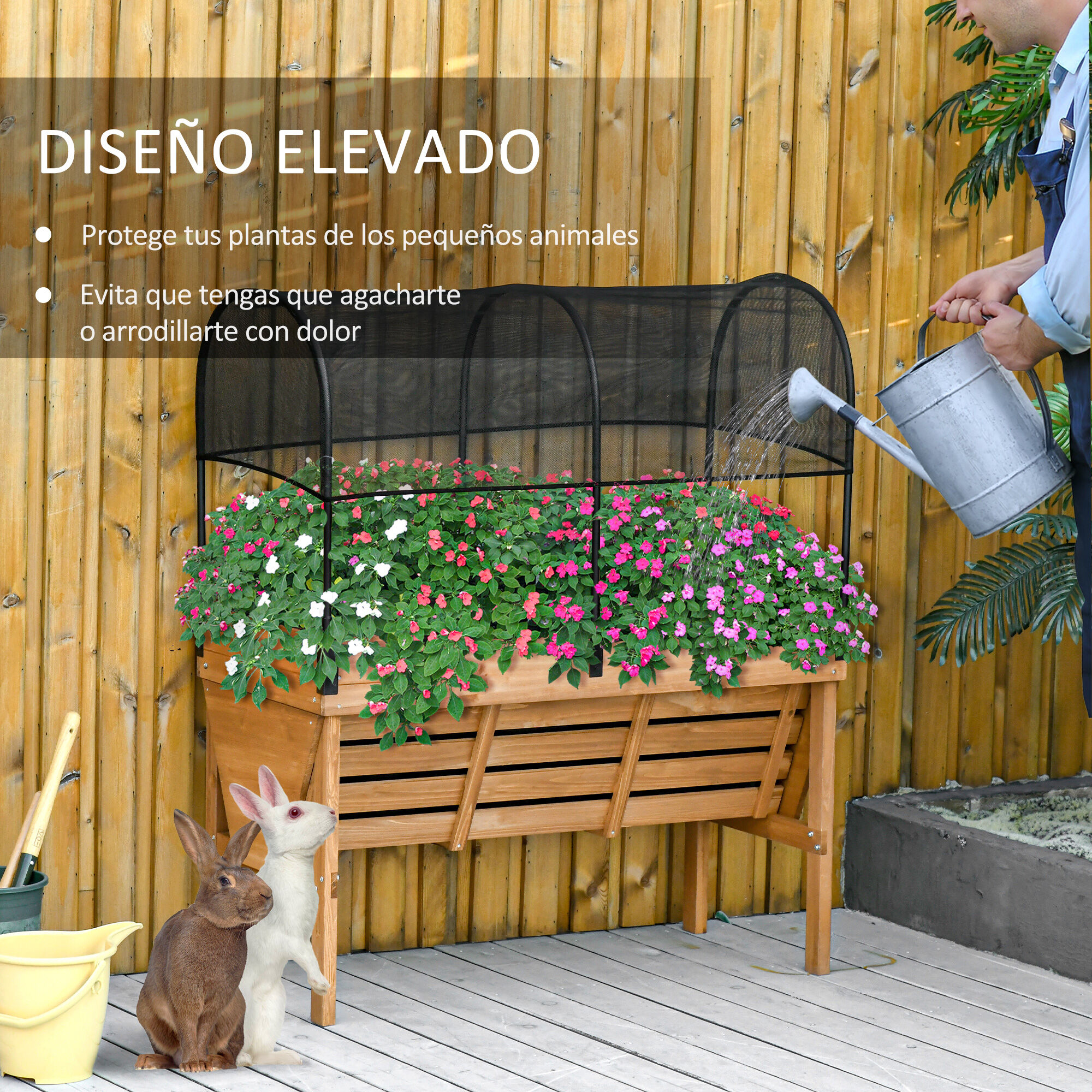 Outsunny Huerto Urbano Elevado de Madera 120x55x143 cm Mesa de Cultivo de Jard&iacute;n con Red de Sombra de Malla y Tela Geotextil para Cultivos Plantas Flores Natural, , large Imagen numero 4