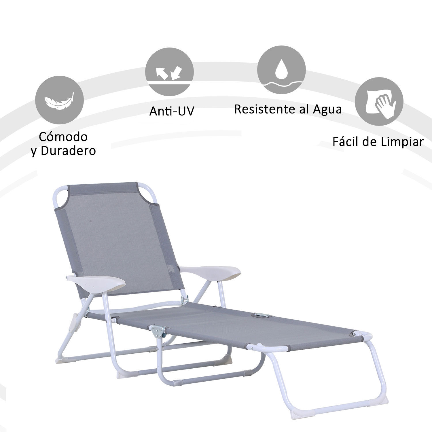 Outsunny Conjunto de 2 Tumbonas Plegables Tumbonas de Jard&iacute;n con Respaldo Ajustable en 4 Niveles Carga 120 kg para Terraza Piscina 186x66x80 cm Gris, , large Imagen numero 5