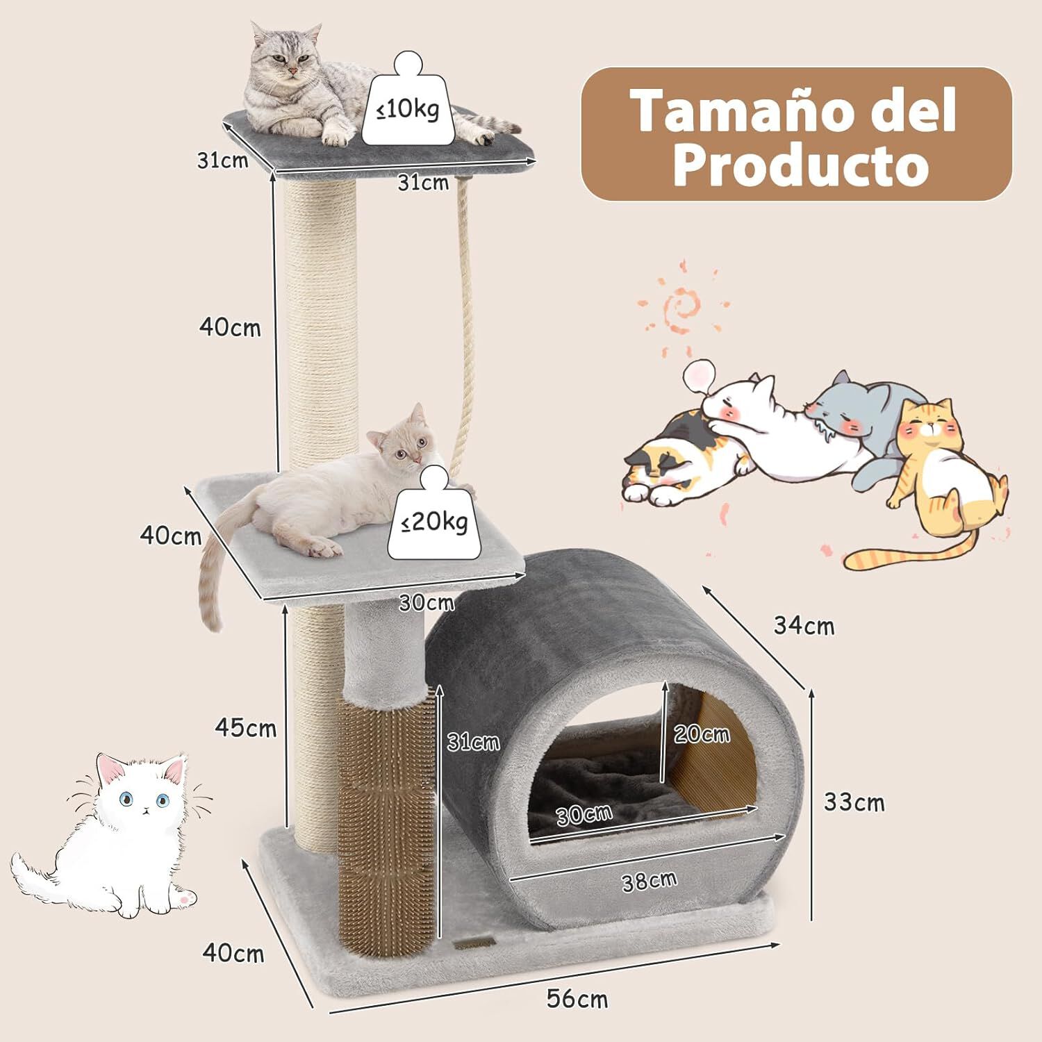 COSTWAY &Aacute;rbol para Gatos Altura 92 cm, Torre para Gatos con Plataforma Superior, Casa C&oacute;moda, Poste de Sisal, Bola interactiva, Centro de Actividades de M&uacute;ltiples Niveles para Gatos (Gris), , large Imagen numero 5