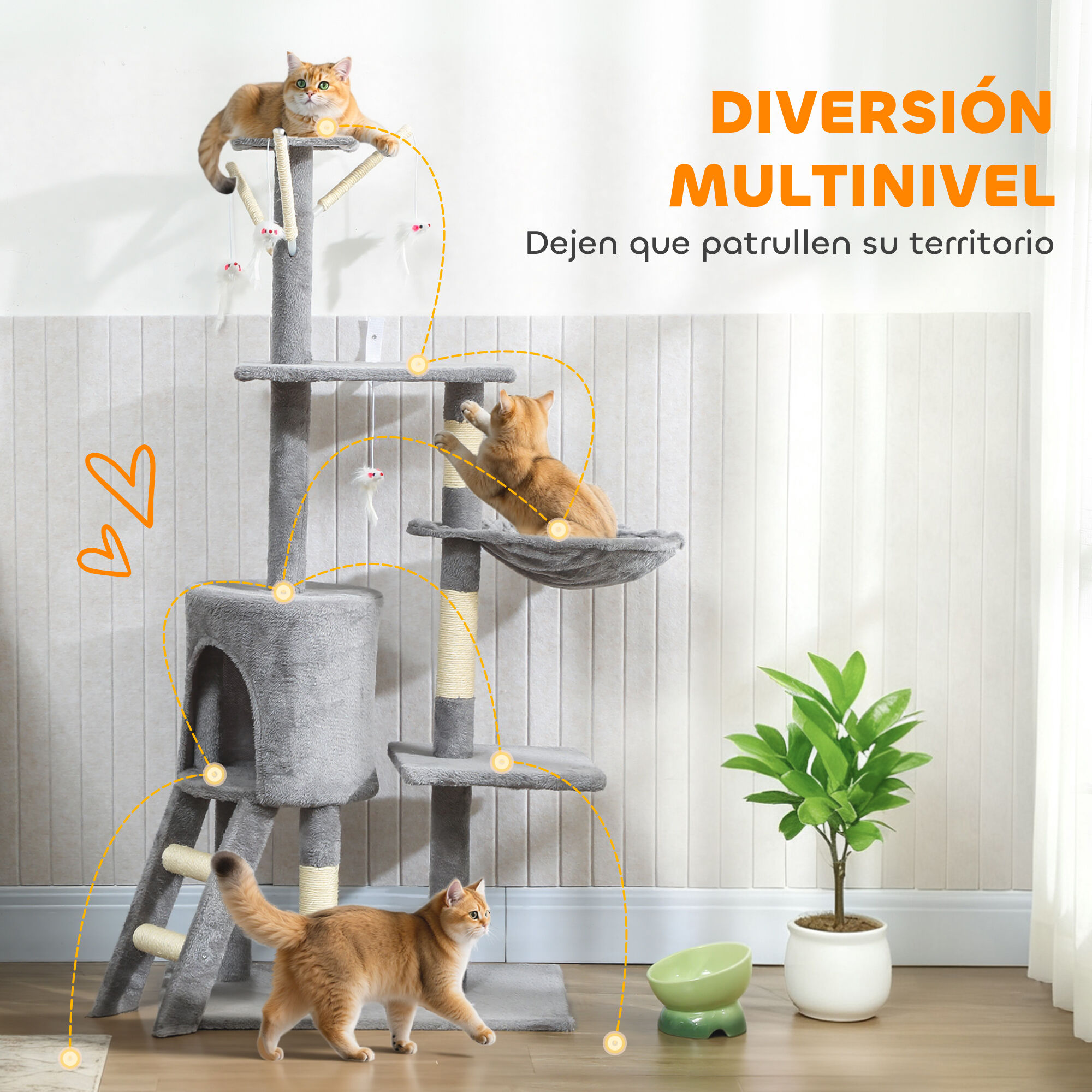 PawHut Árbol Rascador para Gatos Grande, Árbol para Gatos, Altura 134 cm, Torre de Escalada con 6 Postes de Sisal, 3 Plataformas, 1 Cueva, 1 Hamaca, 1 Escalera, 4 Juguetes Colgantes, Gris thumbnail