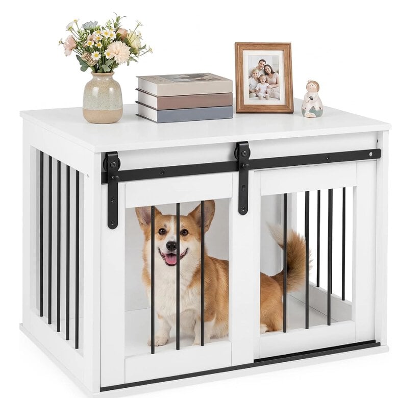 COSTWAY Jaula para Perros, Mueble para Perros con Puerta Corrediza, Mesa Lateral Decorativa, Estructura Metálica, Mueble Jaula de Madera para Mascotas Pequeñas y Medianas, 80 x 54 x 57 cm (Blanco)
