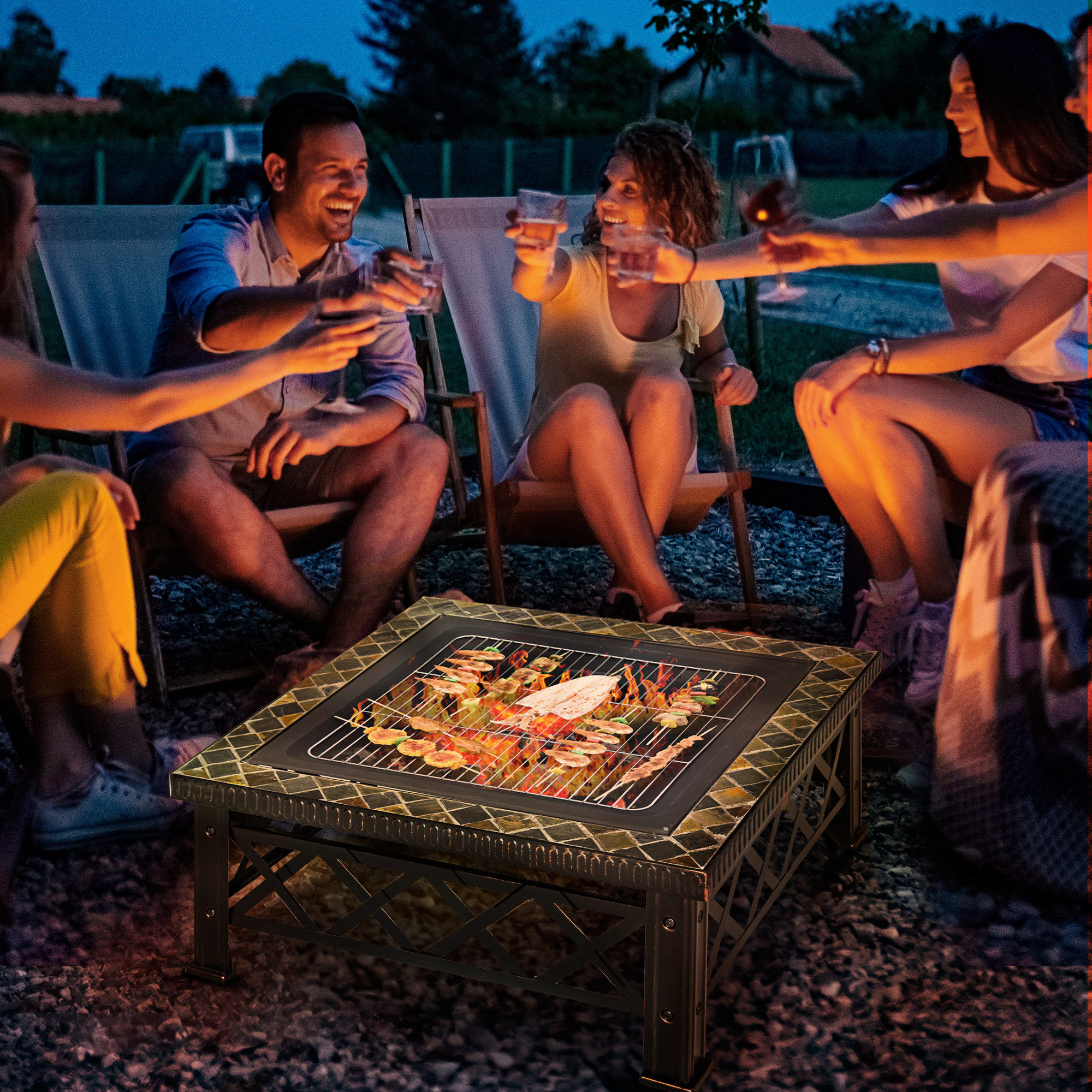 Outsunny Brasero Exterior Calentador de Fuego 76x76x47 cm Multifuncional 3 en 1 Cuadrada Nuevo Estilo Cubo de Hielo para Calefacci&oacute;n Barbacoa Terraza Jard&iacute;n Negro, , large Imagen numero 2