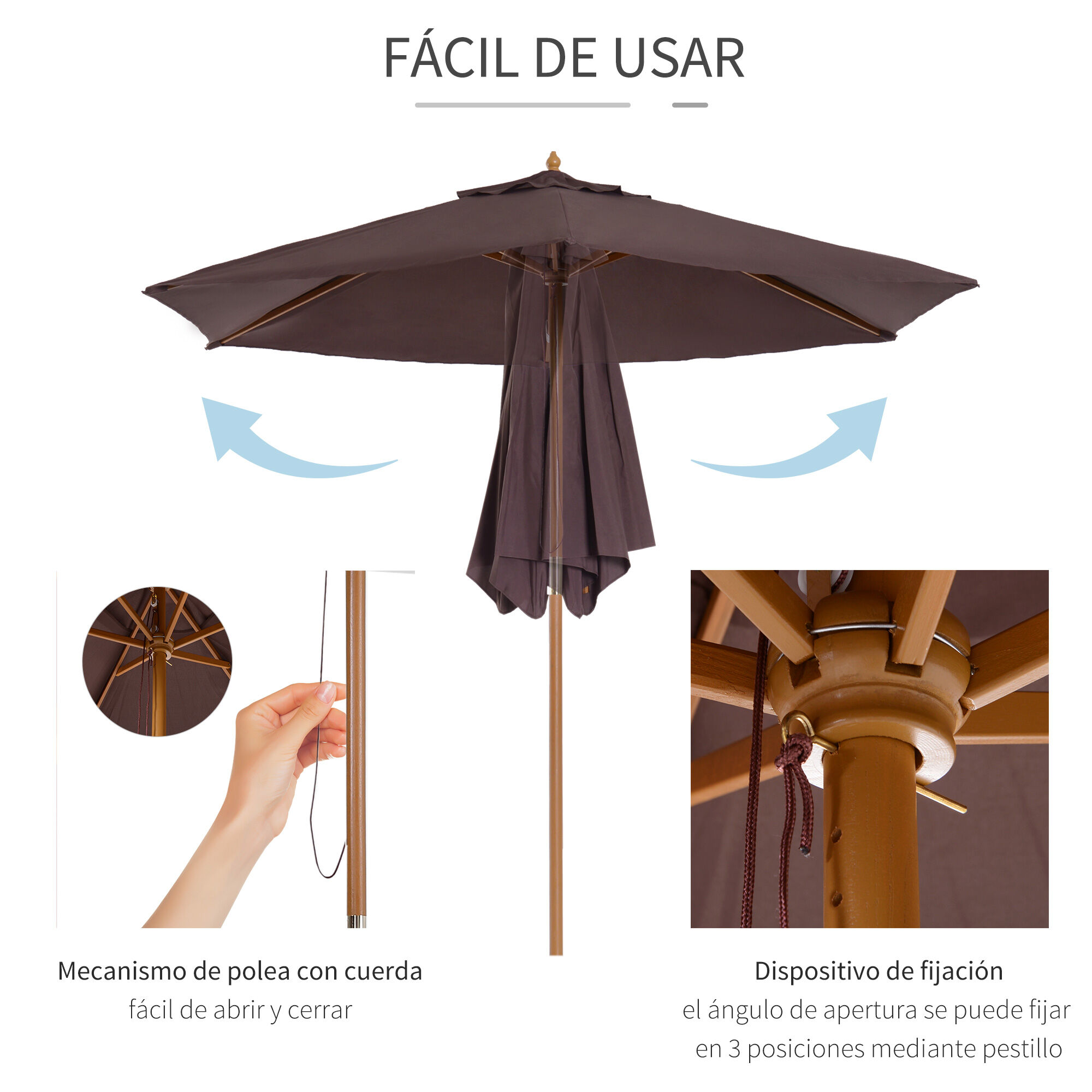Outsunny Sombrilla de Terraza &Oslash;250x230 cm Parasol de Jard&iacute;n de Madera con 6 Varillas Sistema de Cuerda para Exterior Balc&oacute;n Patio Caf&eacute;, , large Imagen numero 4