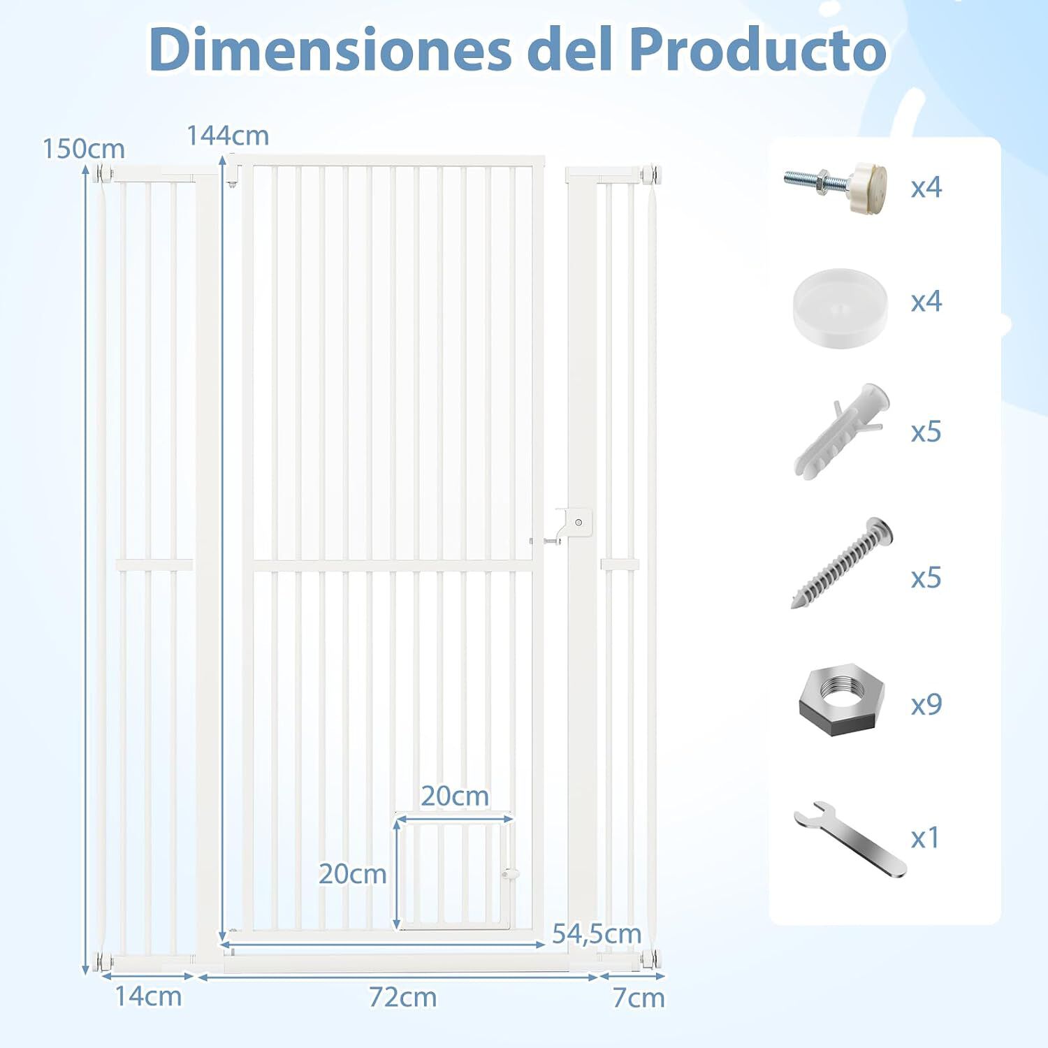 COSTWAY Puerta para Mascotas de Metal, Barrera Ajustable con 2 Extensiones y Puerta Peque&ntilde;a, Ideal para Cocina y Escaleras, 77-104 cm de Ancho, Blanco (Altura de 150cm), , large Imagen numero 3